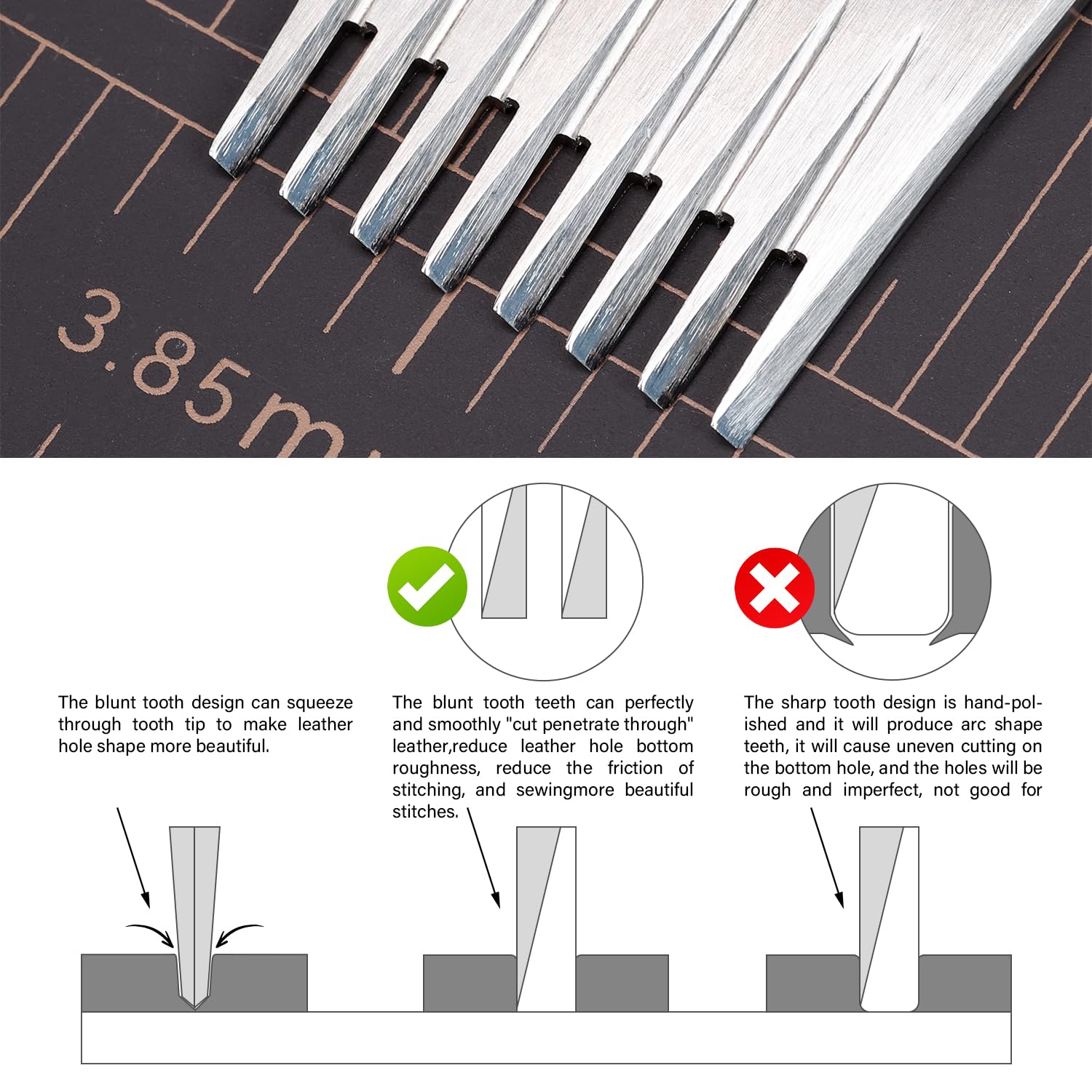 Premium WUTA Leather Chisel - All-Polished Die-Steel French Style Pricking Iron (3.85mm, 8 Teeth) - Sharp Leather Punching Tool for Leathercraft, DIY Projects & Shoe/Bag Repair - Perfect for Saddlery, Bookbinding & Handmade Leather Goods