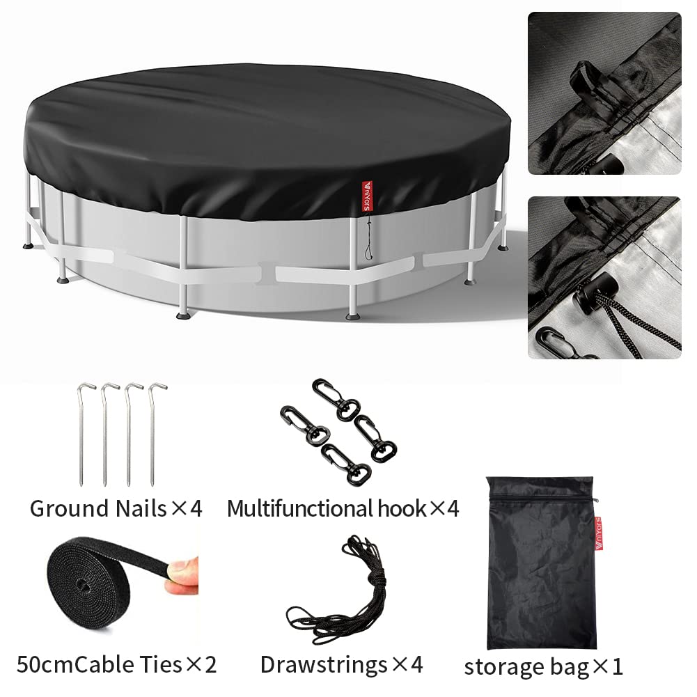 12 Ft Round Solar Pool Cover for Above Ground Pools - Heavy Duty Waterproof Hot Tub Cover with Drawstring & Ground Nails - Dustproof Winter Protection for Swimming Pools & Spas (Black) - Perfect for Year-Round Pool Maintenance & Energy Savings