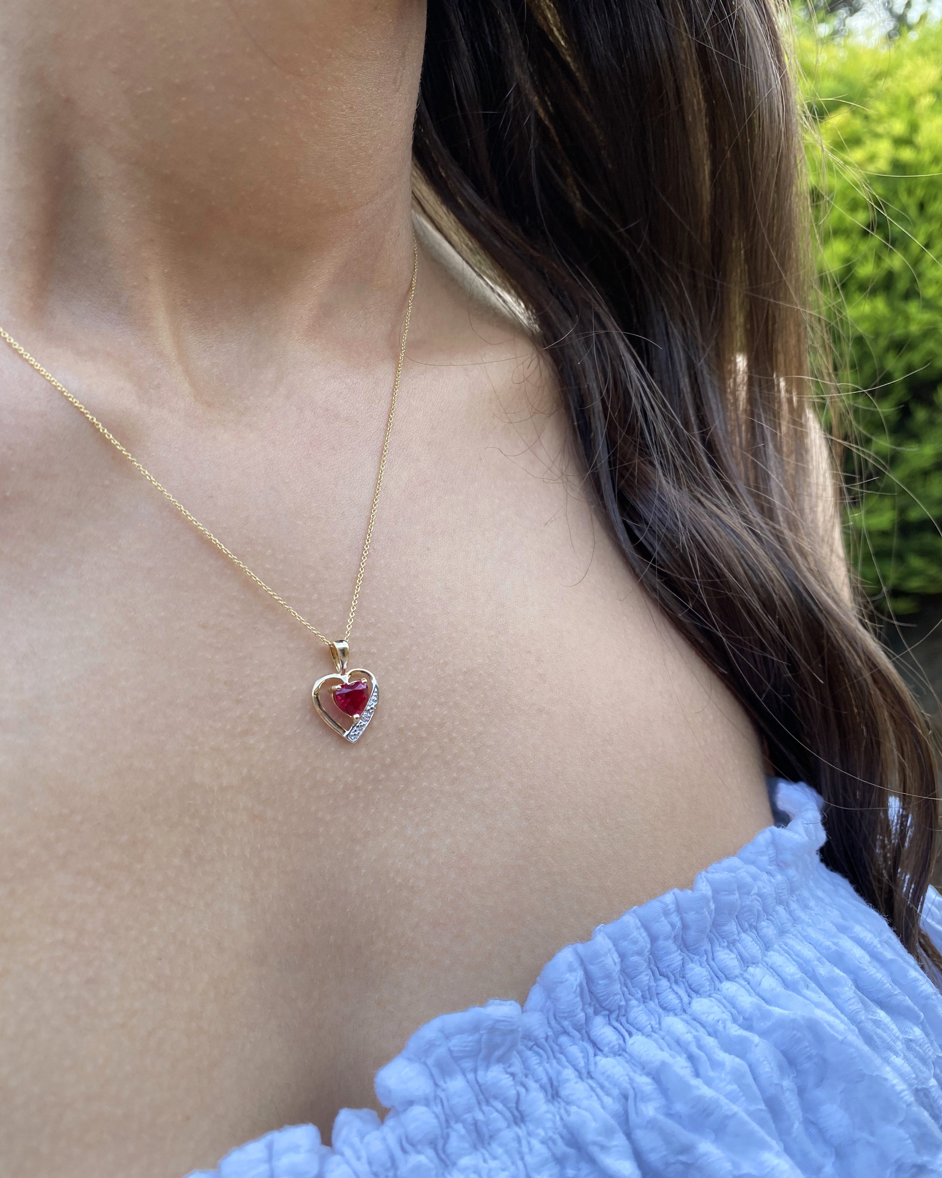 9ct Yellow Gold Created Ruby and Diamond Pendant Necklace - Elegant Jewelry Gift for Women, Perfect for Valentine's Day, Anniversary or Birthday