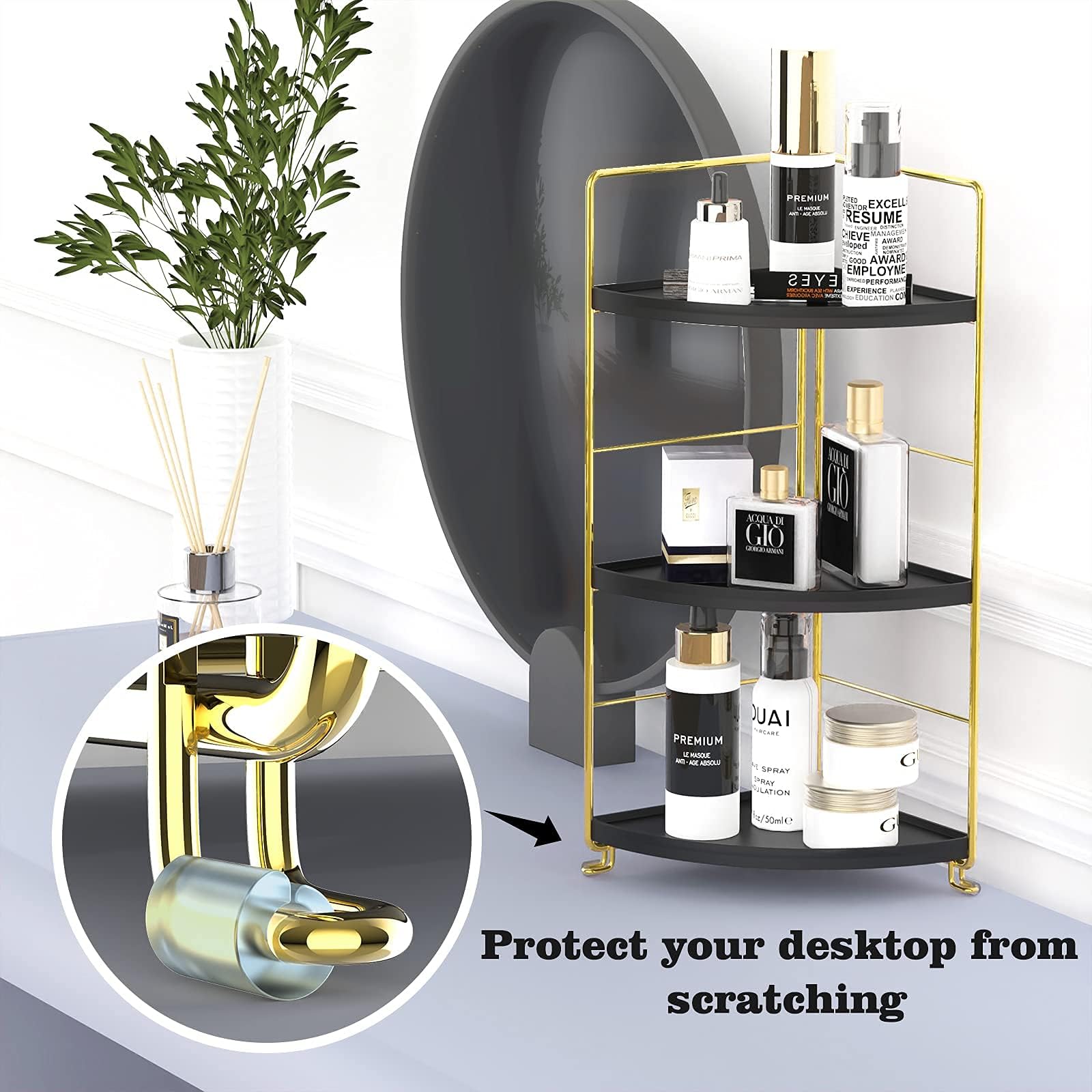 3-Tier Corner Bathroom Organizer Countertop Storage Shelf - Plastic Vanity Tray for Makeup, Jewelry & Toiletries - Space-Saving Organizer for Kitchen, Bathroom, Dresser (Gold) - Perfect for Small Spaces & Clutter-Free Countertops