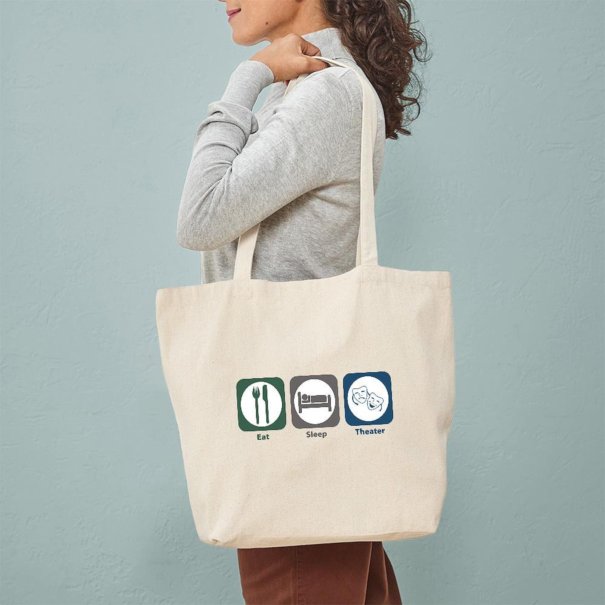 Eat Sleep Theater Tote Bag - Natural Canvas Reusable Shopping Bag for Theater Lovers, Movie Nights & Grocery Shopping