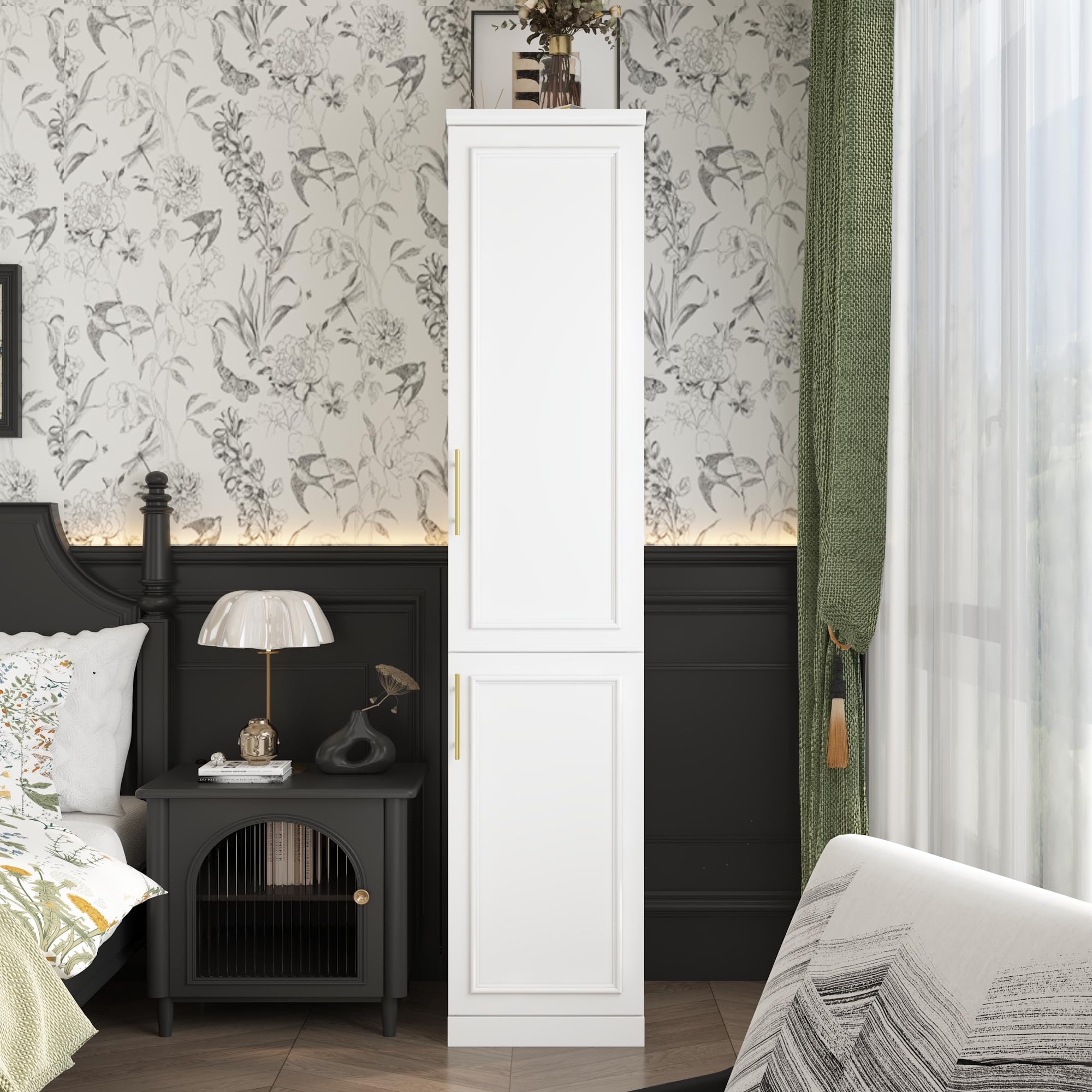 Hitow 2 Door Wardrobe Armoire Closet - Slim Narrow Storage Cabinet with 3 Shelves & Hanging Rod, Modern Clothes Organizer for Bedroom, White (15.7