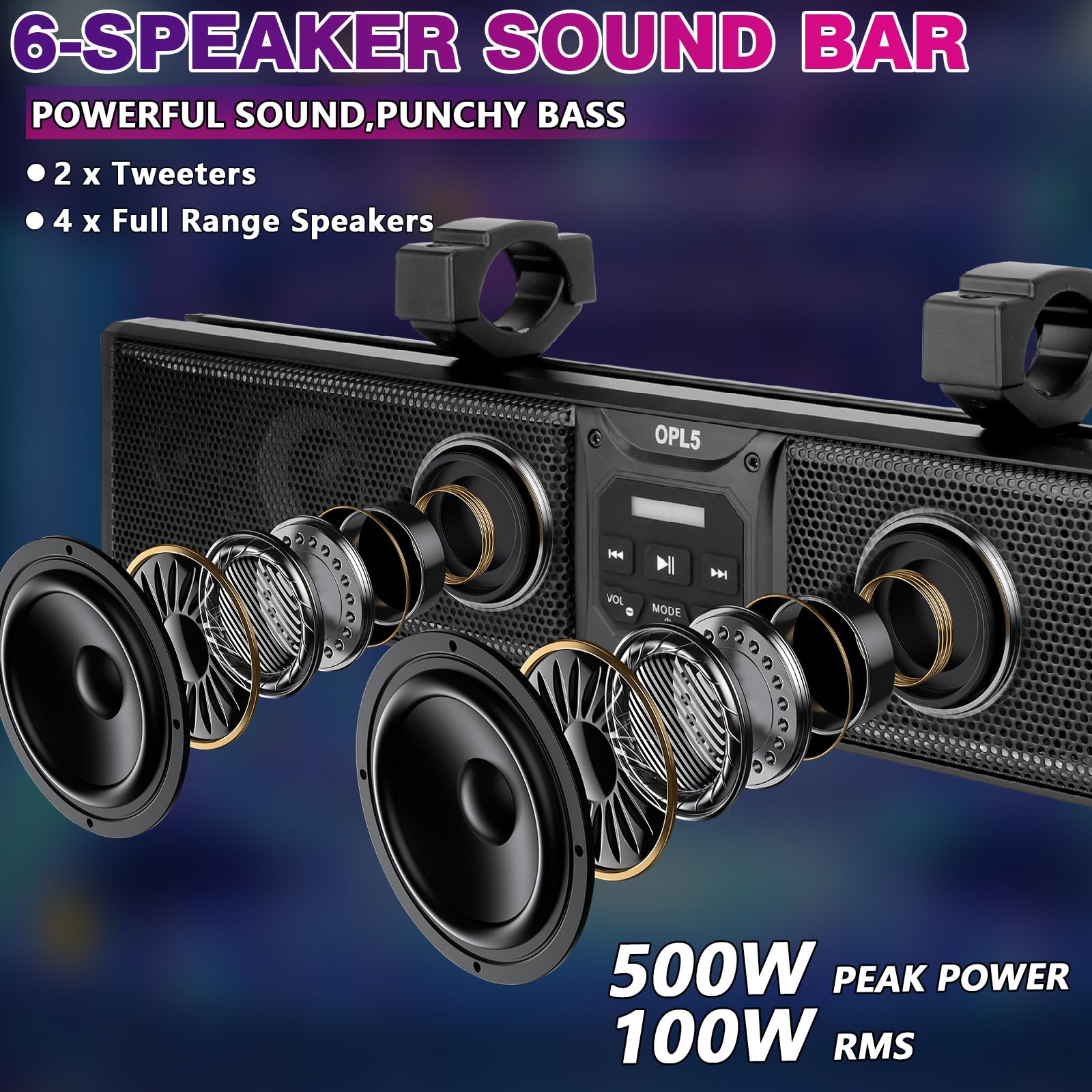 OPL5 26-Inch UTV Sound Bar with 6 Speakers, RGB Multicolor LED Lights & Backlight Strip - Waterproof Bluetooth ATV Audio System for Golf Carts (Fits 1.75