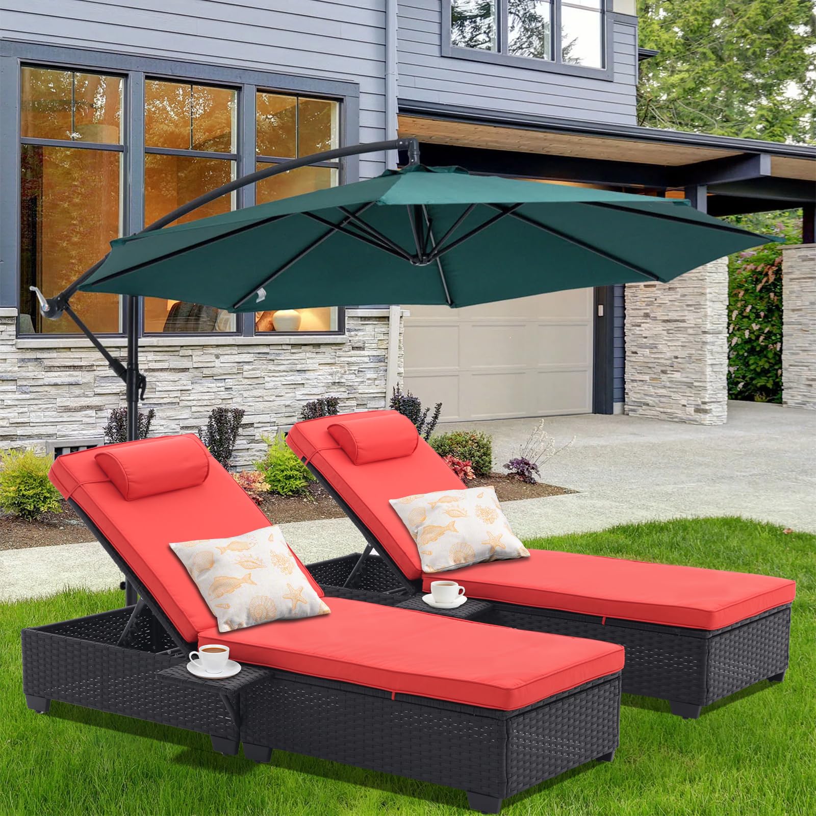 5-Speed Adjustable PE Rattan Chaise Lounge Chairs for Outside - Set of 2 with Cup Holder & Cushions - Patio, Poolside, Beach & Yard Reclining Chairs (Orange Red) - Perfect for Sunbathing, Relaxing & Outdoor Lounging