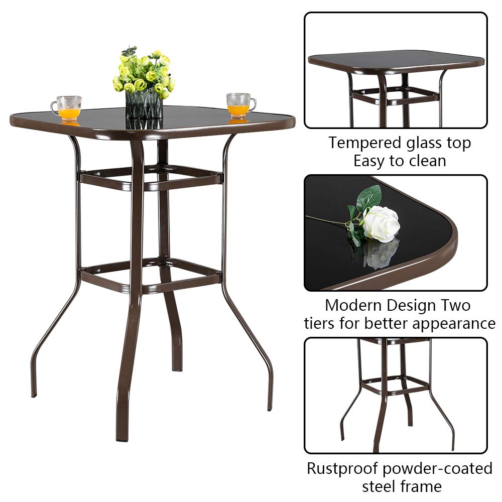 **31.5 Inch Square Outdoor Bar Table - Wrought Iron & Tempered Glass High Top Table for Patio, Garden, Porch - Modern Brown Steel Frame Bar Table for Home, Entertaining, and Outdoor Dining**
