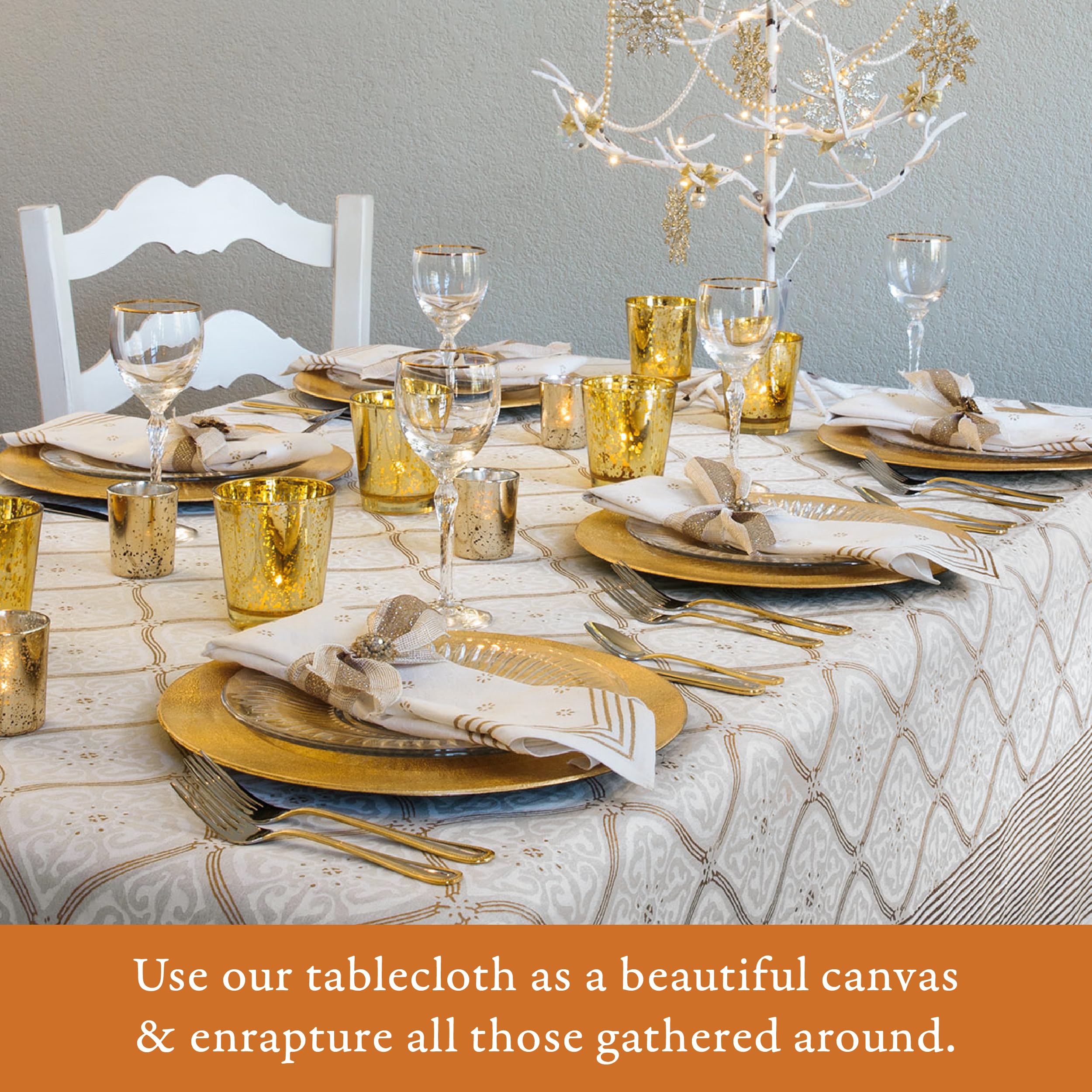 Luxury 100% Cotton Hand Block Printed Rectangle Tablecloth - White Vanilla Glacé, Washable & Durable for Home Decor, Kitchen, Coffee or Dining Table (70x120 Inches) | Perfect for Dinner Parties, Brunch Gatherings & Holiday Decorations