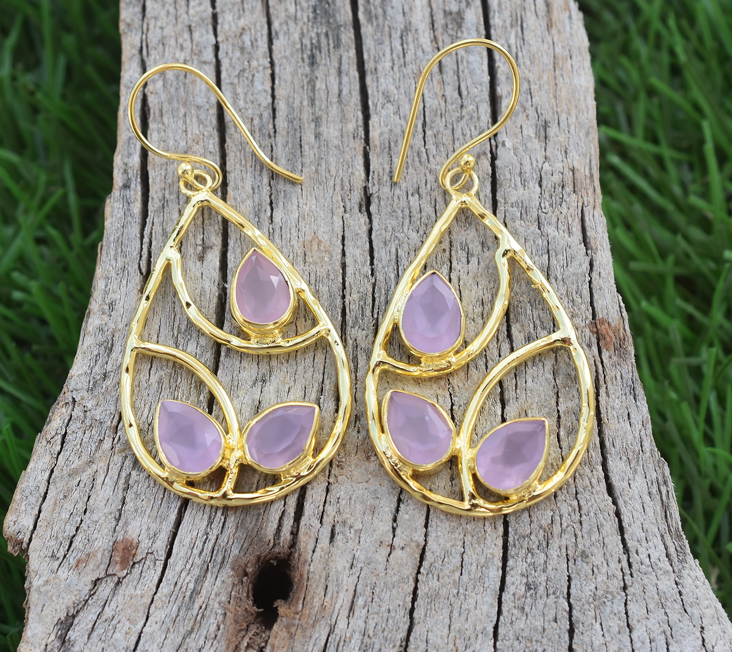Veracity Pink Rose Quartz Gold Filled Drop Earrings for Women - Handcrafted Teardrop Dangle Earrings with Hammered Detailing | Trendy Fashion Jewelry Gift for Her | Perfect for Date Nights, Weddings & Special Occasions