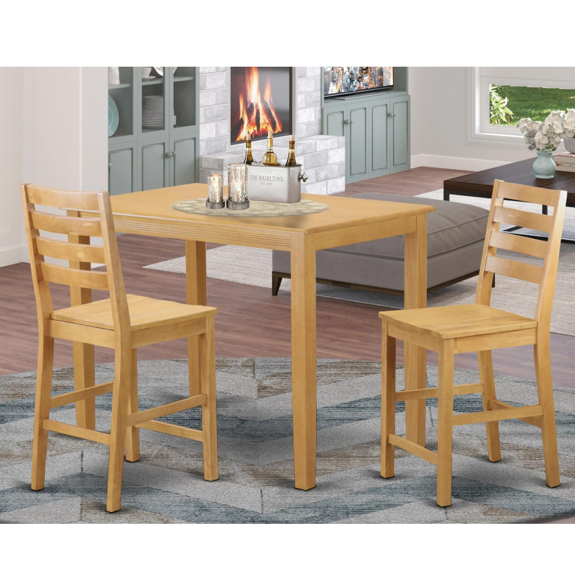 East West Furniture 3-Piece Counter Height Dining Set - 30x48 Inch Oak Table with 2 Chairs for Kitchen, Breakfast Nook & Small Space Dining | Modern Farmhouse Style Counter Height Table Set
