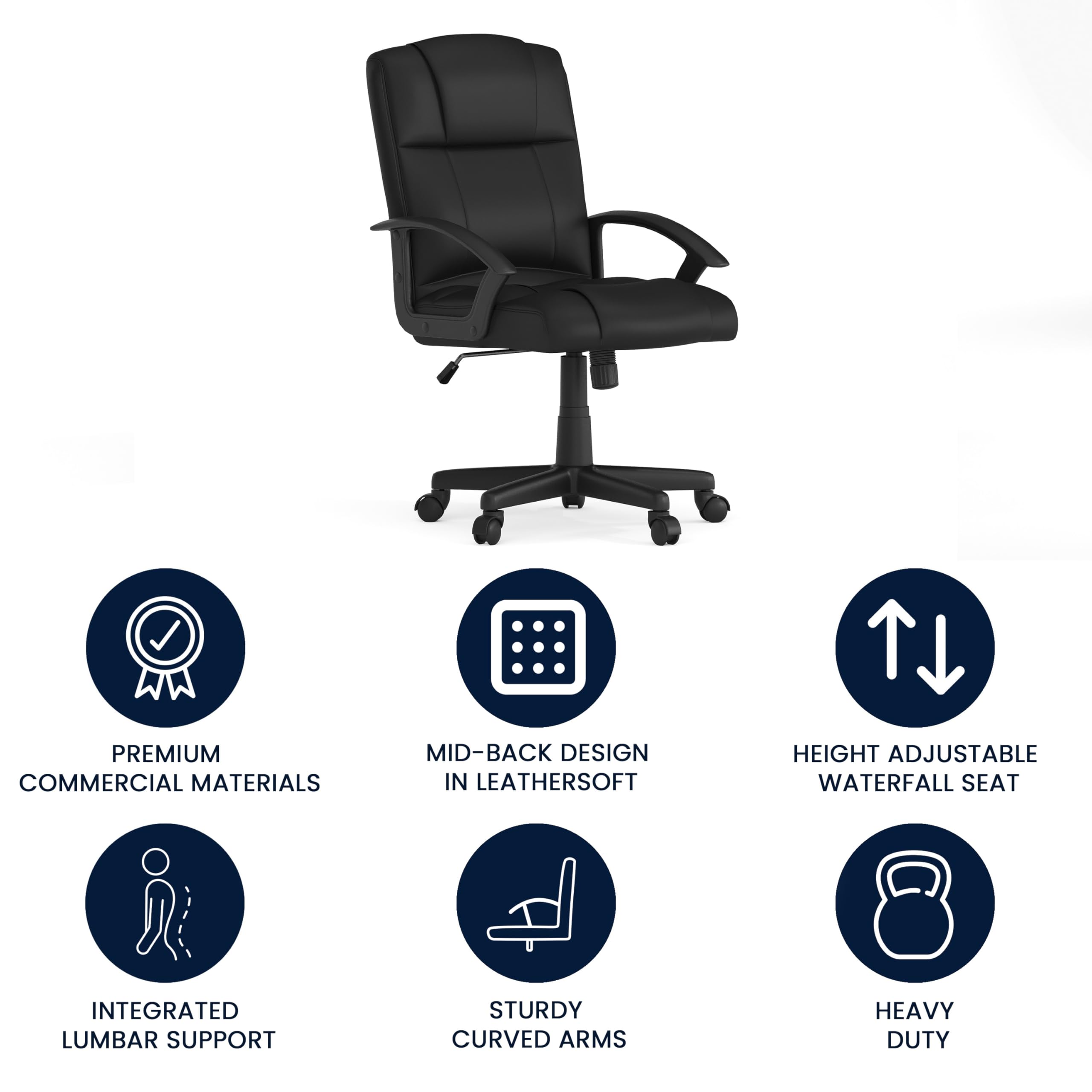 Ergonomic Mid-Back Black Leather Office Chair with Soft Padded Seat & Adjustable Arms - Perfect for Home Office, Gaming & Workspace Comfort