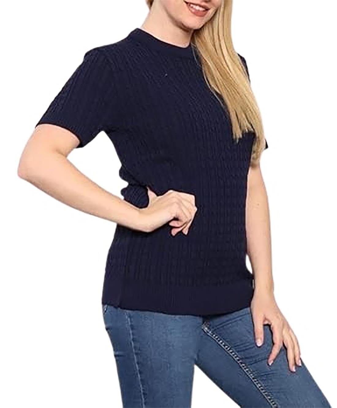 Stylish Women's Short Sleeve V-Neck Cable Knit Sweater - All Over Knit Pullover Top for Casual Winter Wear (UK 8-22/Plus Size) | Perfect for Office, Date Night & Cozy Weekends