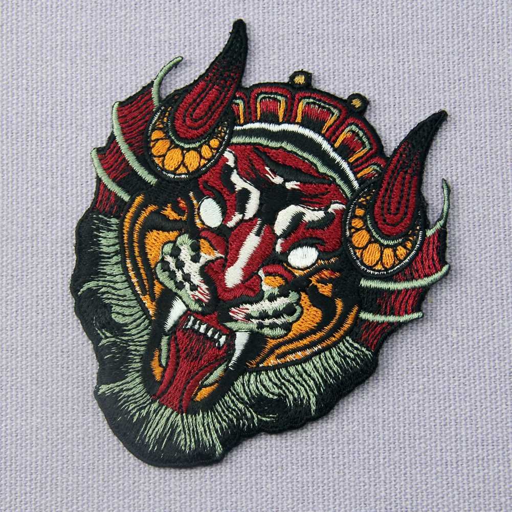 Chinese Monster Lion Mask Patch - Embroidered Iron On & Sew On Applique Emblem for Costumes, DIY Crafts, and Festival Decorations