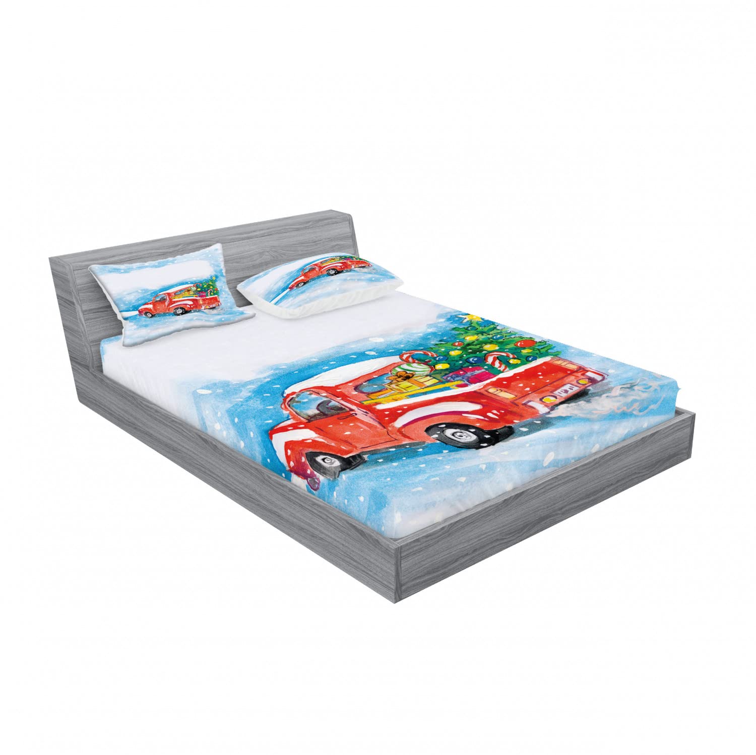 Ambesonne Christmas 2-Pack Full Size Fitted Sheet & Pillow Sham Set - Truck Winter Scenery Bedding Decor (4-Piece Set: 2 Fitted Sheets & 4 Pillow Covers) in Blue, White & Red - Cozy Holiday Bedroom Decor for Christmas & Winter Season
