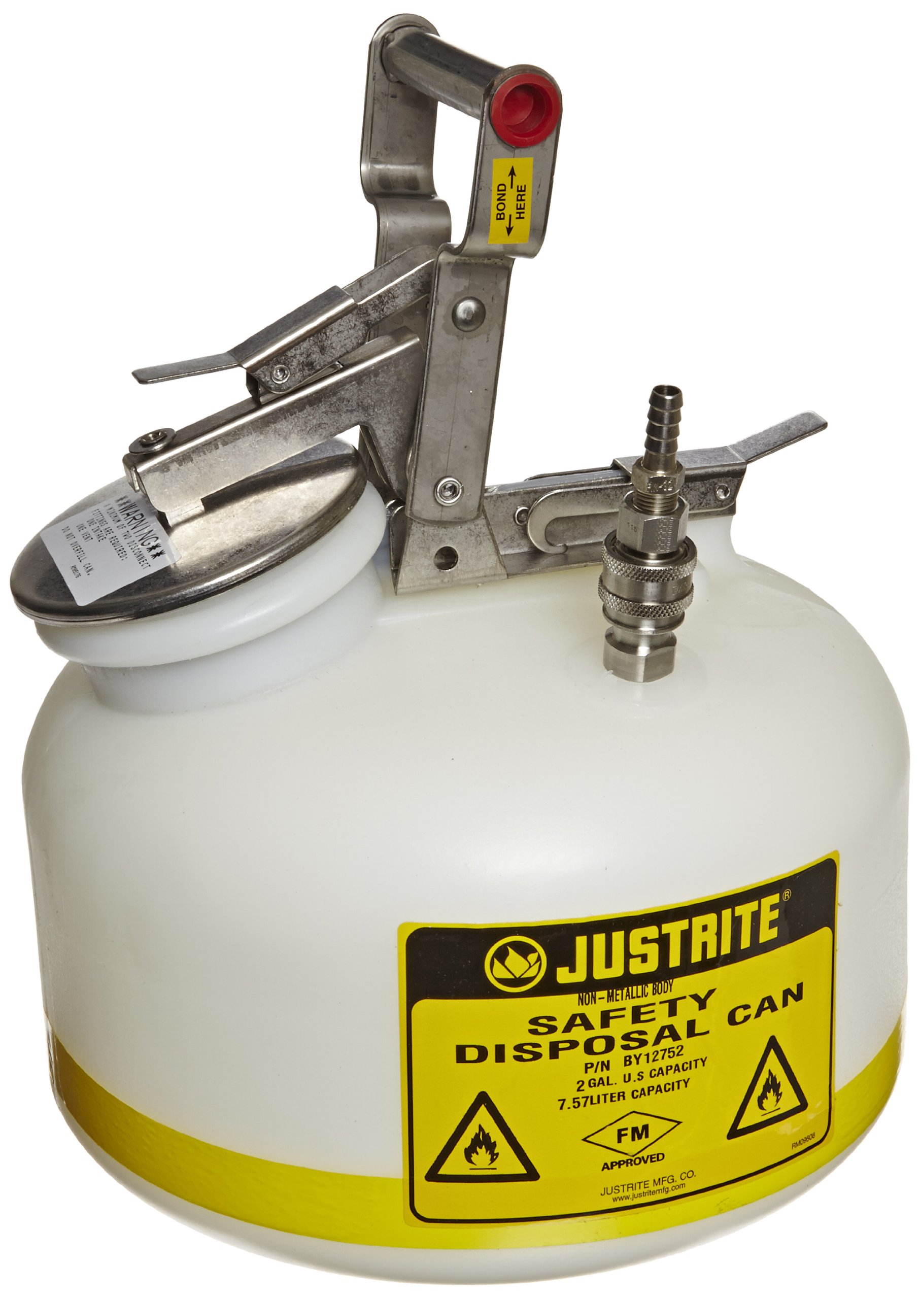 Justrite BY12752 2 Gallon Centura Disposal Polyethylene Safety Can with Quick-Disconnect Stainless Steel PTFE Fitting - Ideal for Workshop, Garage & Industrial Chemical Storage