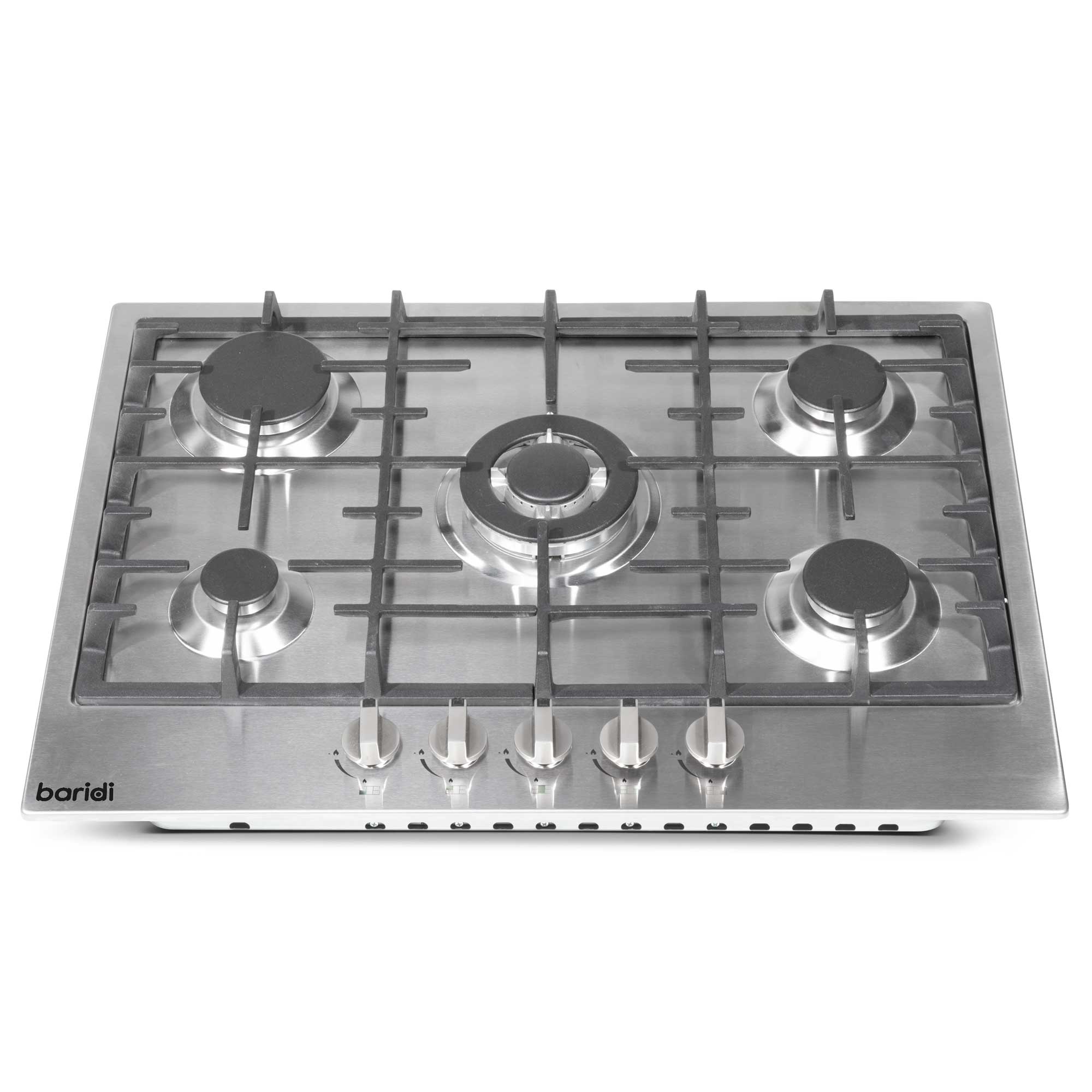 Baridi 70cm Built-In 5 Burner Gas Hob with Cast Iron Pan Supports - Stainless Steel Cooktop for Professional Kitchen | Perfect for Home Chefs & Restaurant Cooking