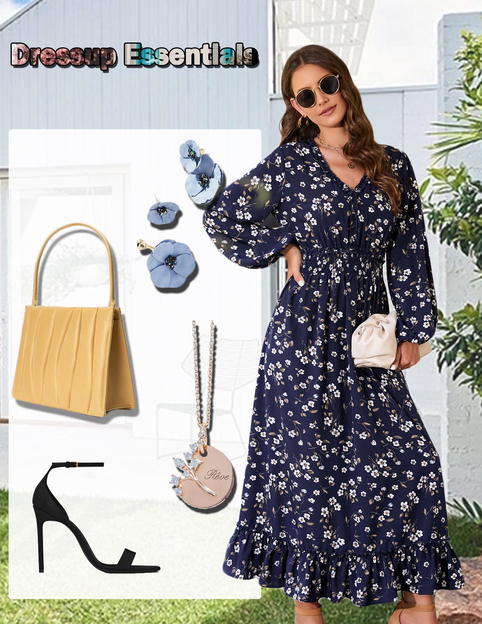 MISSKY Women's Casual V-Neck Boho Floral Print Maxi Dress - Bohemian Flowy Wedding Guest Dress for Beach, Party & Summer Vacation