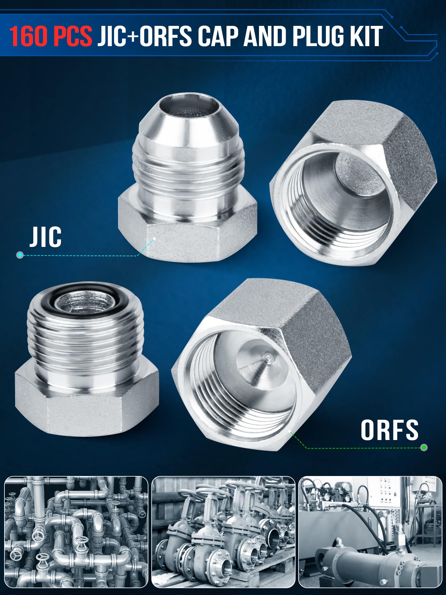 160-Piece JIC & ORFS Hydraulic Cap and Plug Kit - Industrial Hose, Tube & Pipe Fittings with Precision Threading (ORFS & 37° Dash Sizes 4/6/8/10/12/16) - Ideal for Hydraulic System Maintenance, Repair & Fluid Line Protection