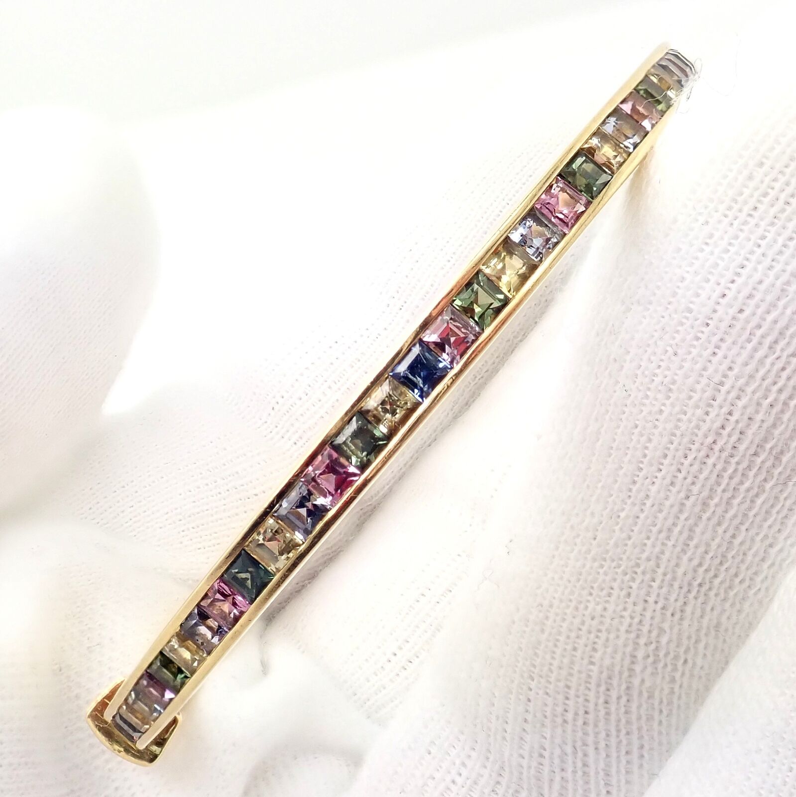 Authentic Julius Cohen 18K Yellow Gold Diamond & Pastel Gemstone Cuff Bracelet - Luxury Jewelry for Women, Perfect for Weddings, Parties & Special Occasions