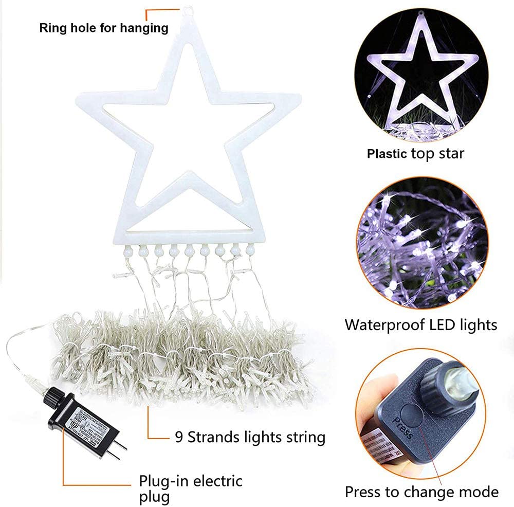 317 LED 11.5ft Waterfall Christmas Tree Lights - Outdoor/Indoor Star String Lights with 8 Lighting Modes & Timer | Perfect for Yard Decorations, Holiday Parties, and Festive Home Decor