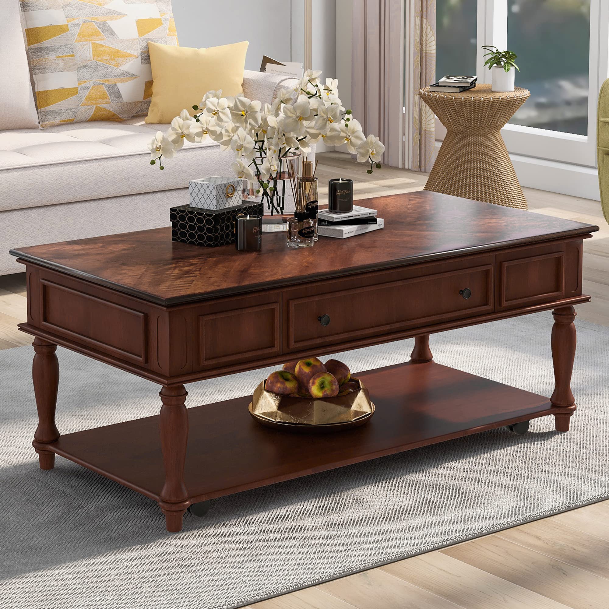 P PURLOVE Modern Rectangle Wood Coffee Table with 2-Tier Storage Drawer & Caster Wheels - Mid-Century Cocktail Table for Living Room, Bedroom, Dorm | Perfect for Small Spaces, TV Lounging & Entertaining Guests
