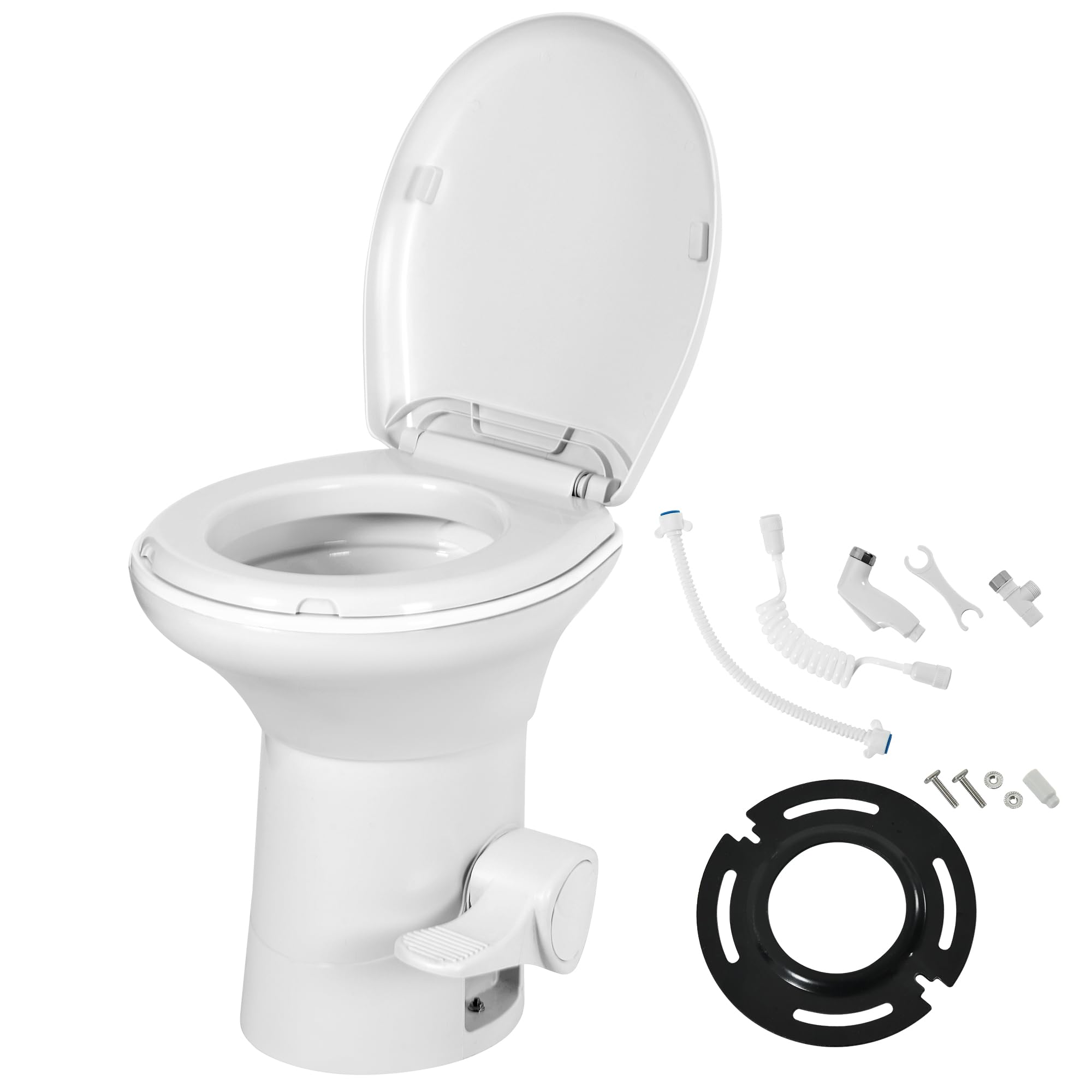 YITAMOTOR RV Toilet with Porcelain Bowl & Pedal Flush - High Profile Gravity Flush Toilet with Hand Sprayer for Motorhome, Caravan & Travel Trailers | Compact & Durable Plastic Toilet for Road Trips & Camping Adventures