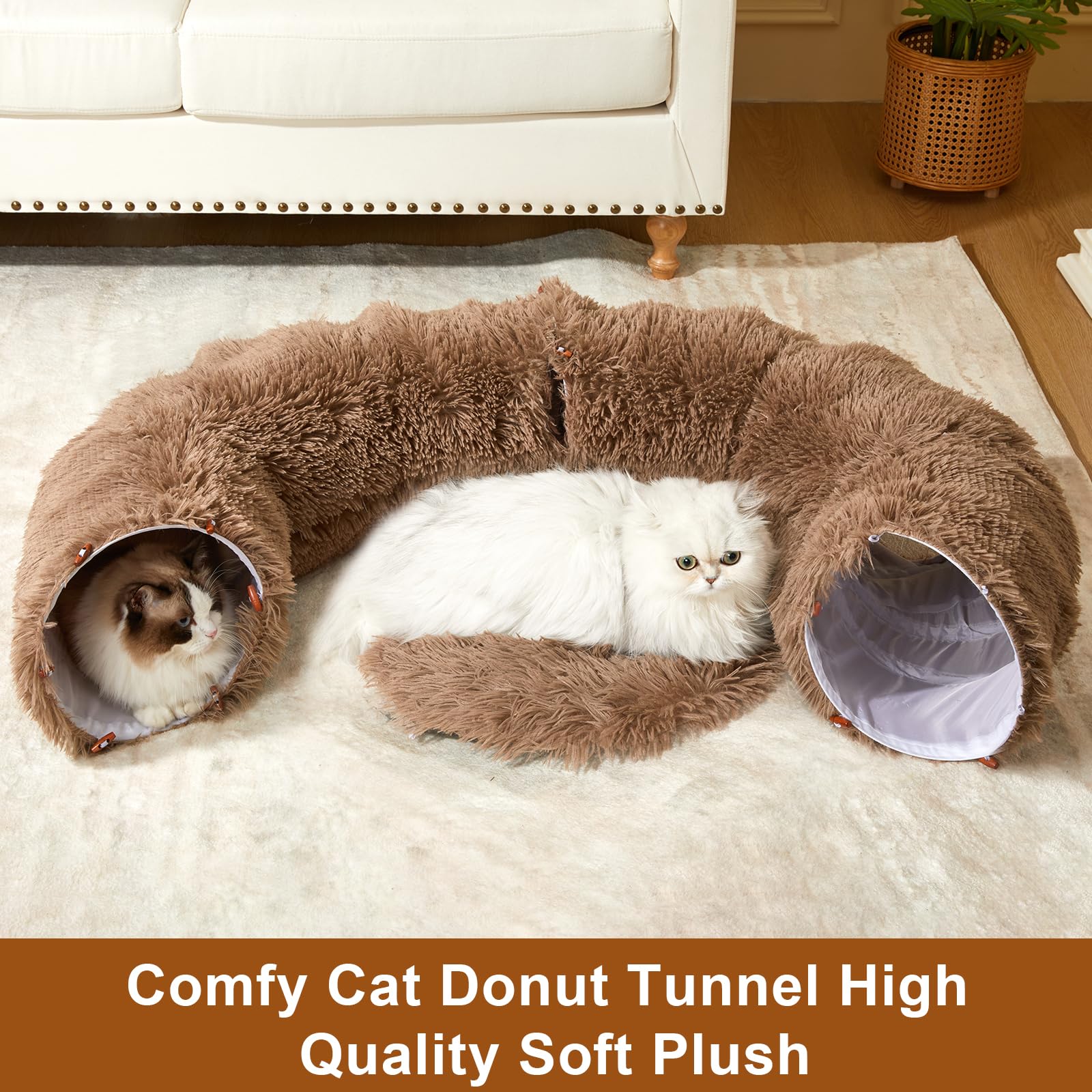 Washable Cat Tunnel Bed for Indoor Cats - 34 Inch Peekaboo Cat Cave with Donut Tunnel & Soft Circle Cushion - Cozy Playhouse for Kitty Hideouts, Napping & Interactive Play (Brown)