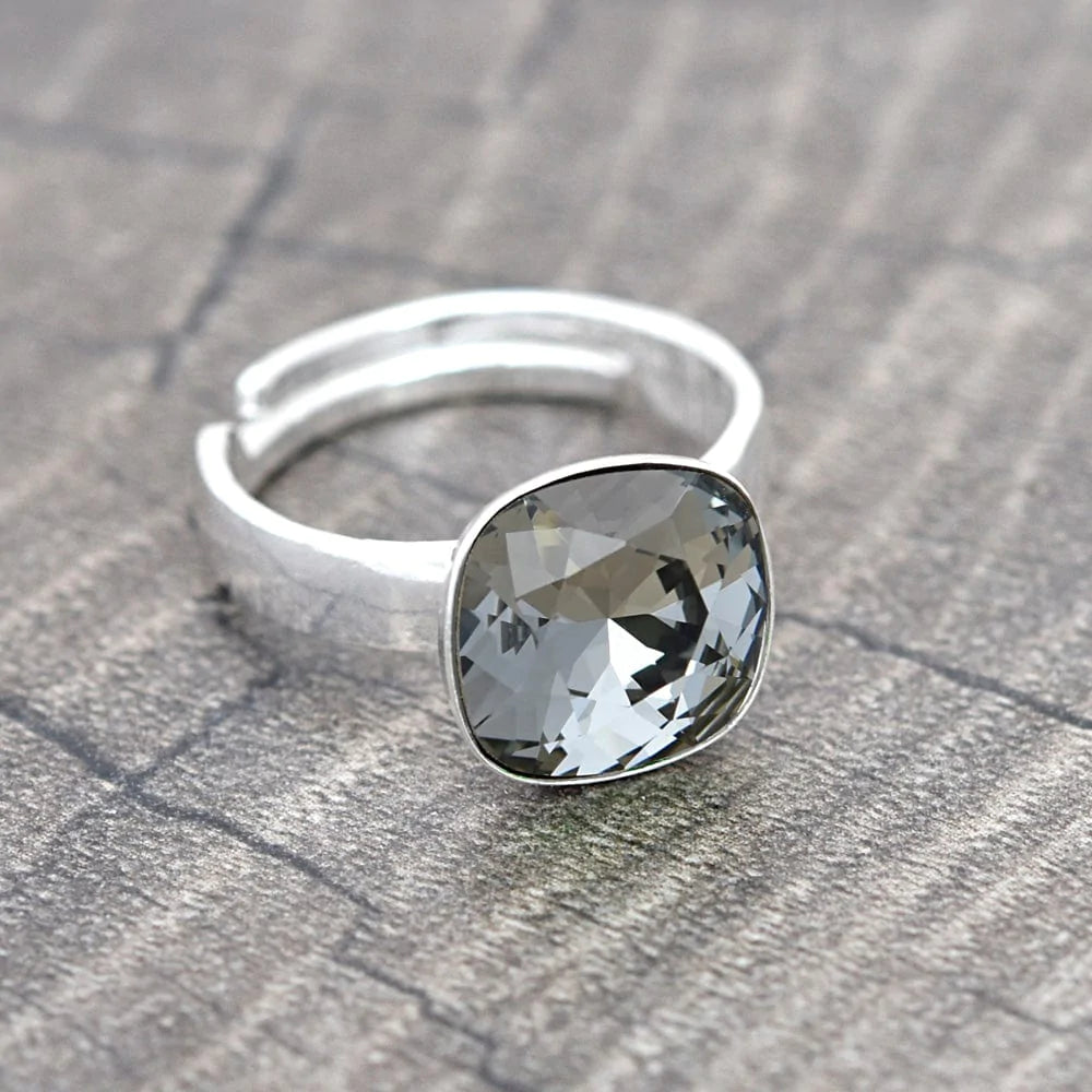 Black Diamond Adjustable Silver Ring for Women - Elegant Stackable Jewelry for Everyday Wear & Special Occasions
