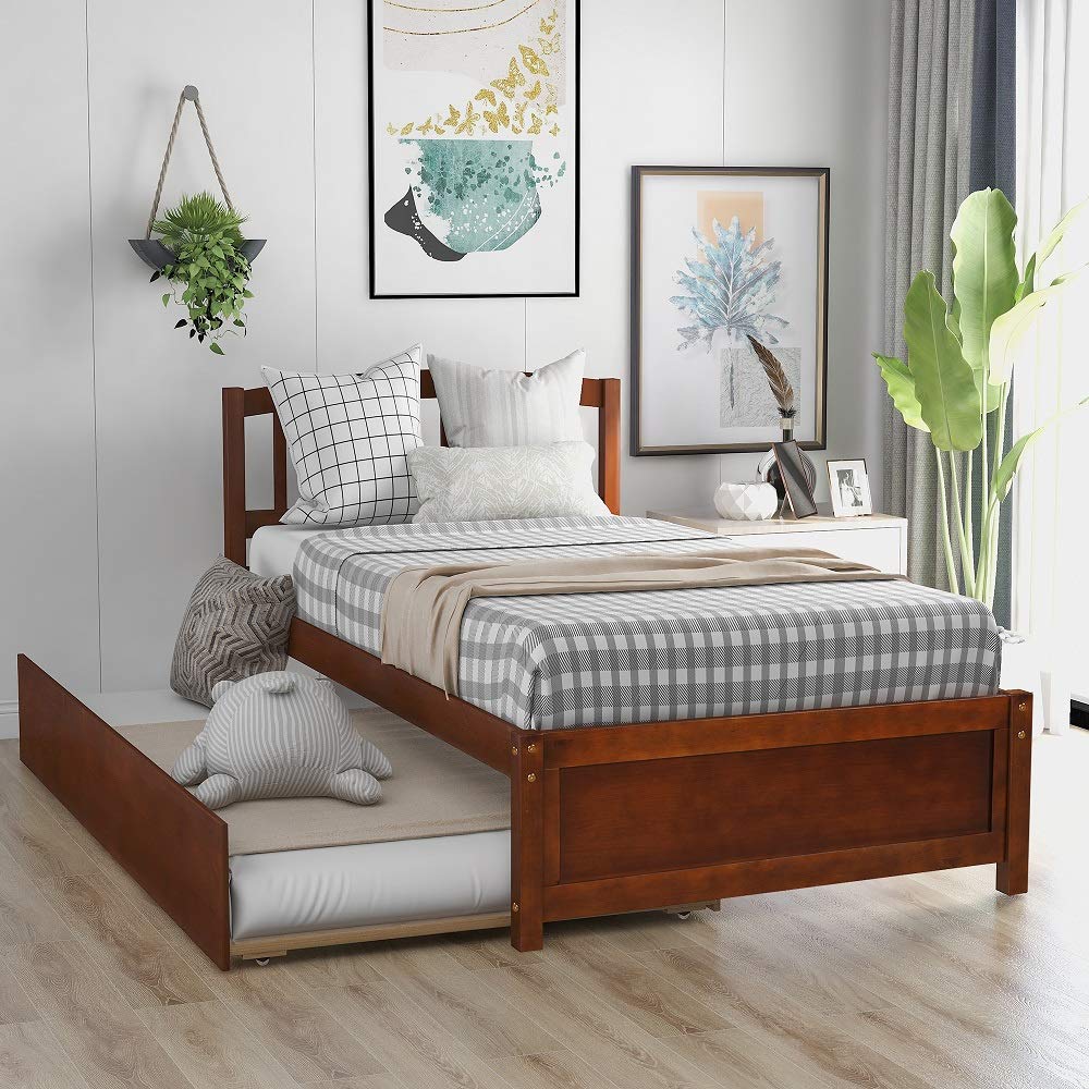 Rhomtree Twin Size Platform Bed with Trundle - Sturdy Wooden Daybed Frame with Headboard for Kids, Teens & Adults - Space-Saving Guest Bed Solution (Walnut Finish) - Perfect for Small Bedrooms, Dorm Rooms & Multi-Purpose Spaces