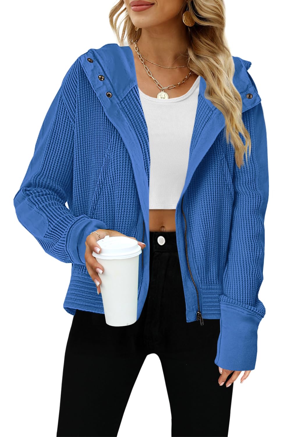 Yanekop Women's Waffle Knit Zip Up Hoodie Jacket - Long Sleeve Cropped Pullover for Fall & Winter | Casual Outerwear for Streetwear, Travel & Layering