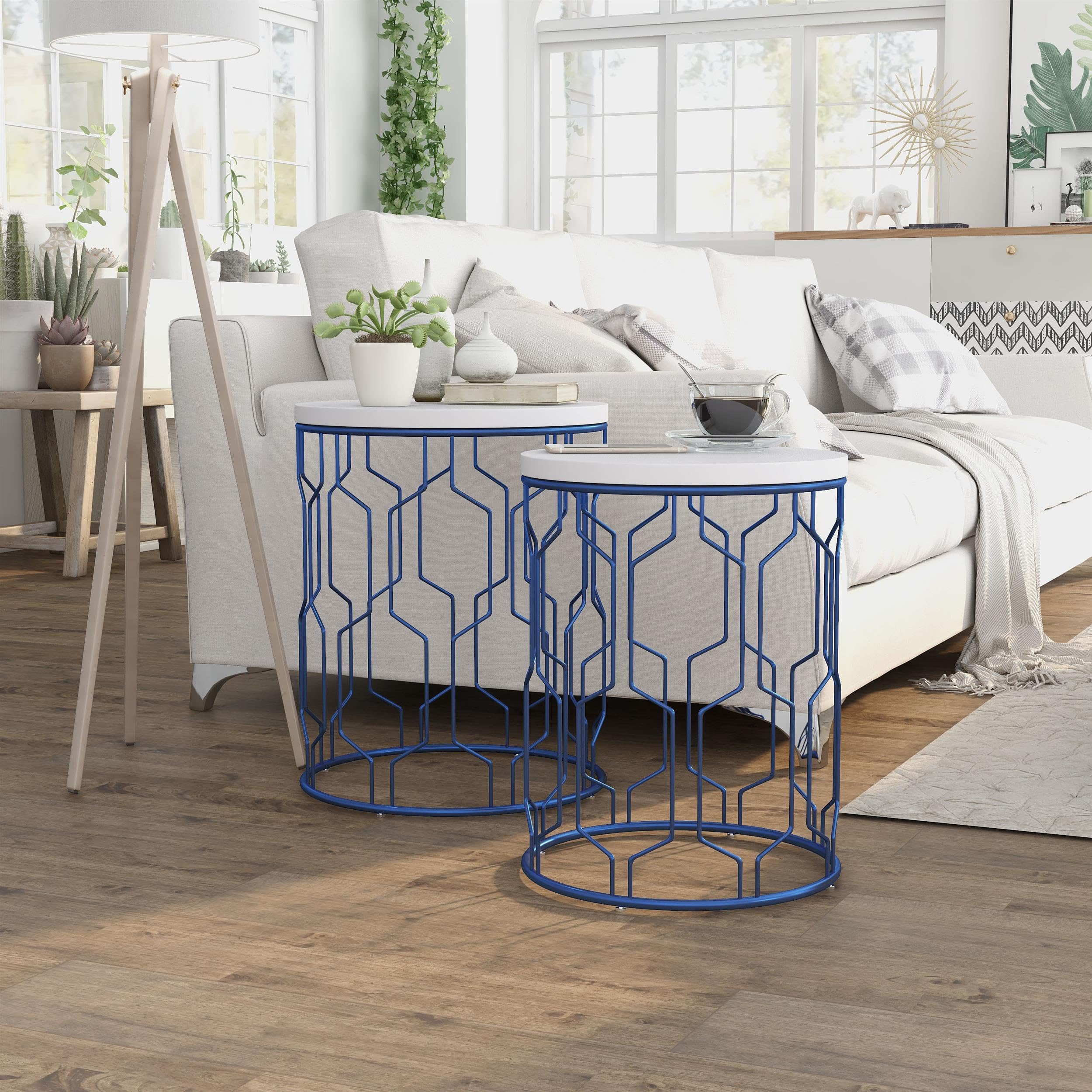 Furniture of America Vereira Metal 2-Piece Nesting Table Set - Blue & White Modern Side Tables for Living Room, Bedroom, or Office Decor