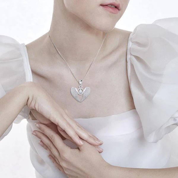 Angel Wings Sterling Silver Pendant with Inlaid Recovery Symbol - Elegant Jewelry for Healing & Inspiration - Perfect for Gifts, Recovery Milestones & Spiritual Wear