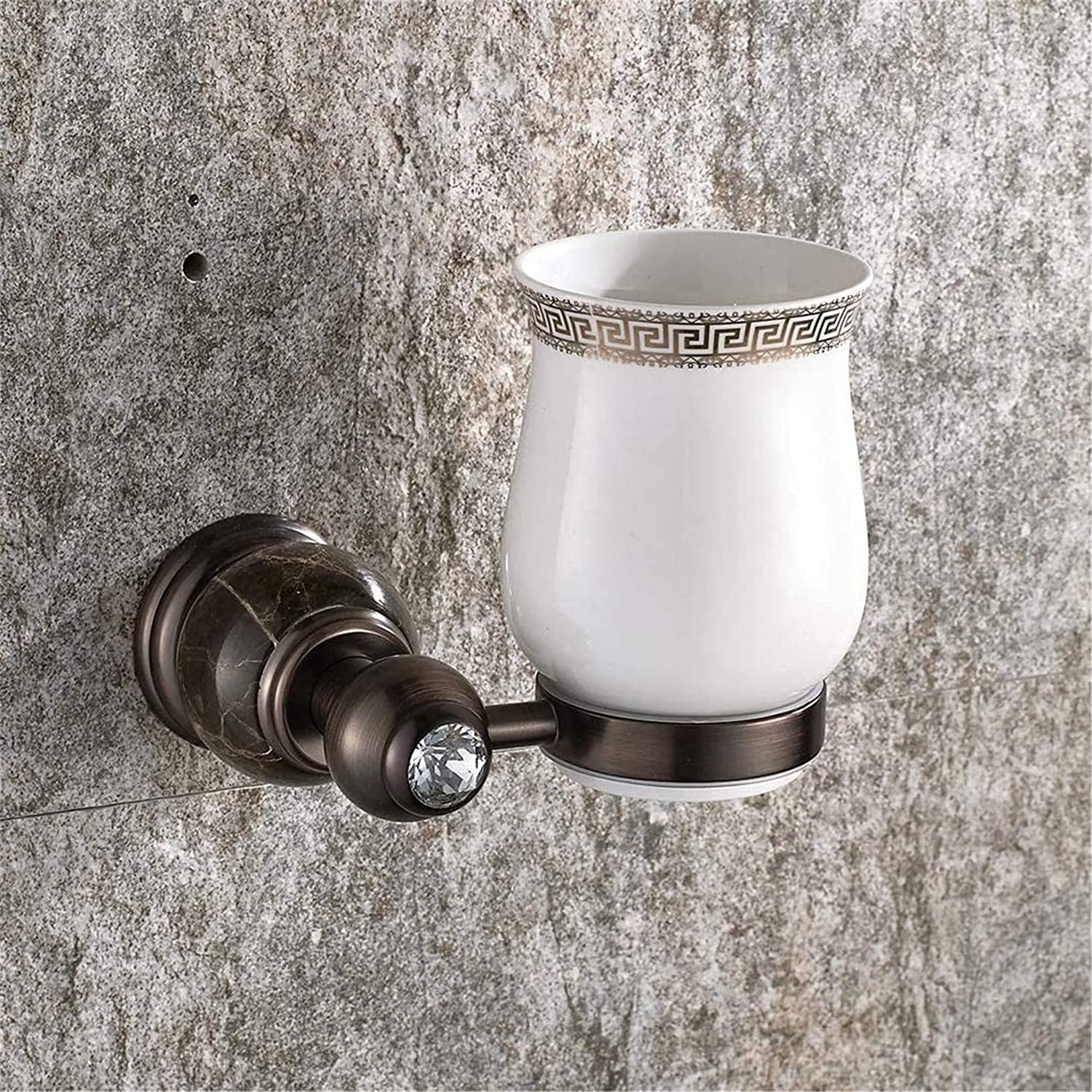 Antique Bronze Wall-Mounted Toothbrush & Mug Holder - European Style Brass Bathroom Organizer with Ceramic Cup & Natural Jade Accents | Perfect for Small Bathrooms, Vanities & Luxury Home Decor