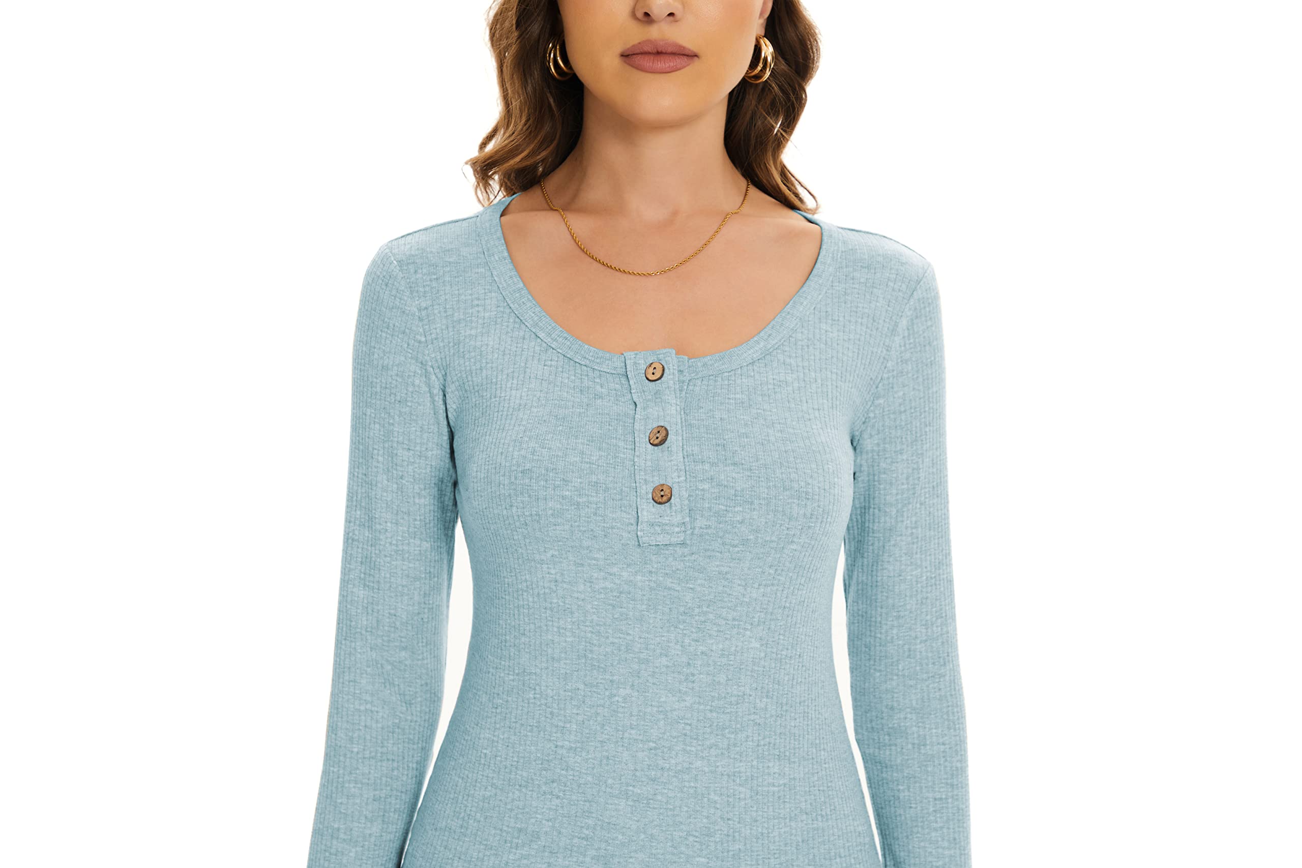 Women's Slim Fit Long Sleeve Henley T-Shirt - Ribbed Knit Button Down Scoop Neck Top for Casual Wear, Work & Fall Outfits | Soft Comfortable Daily Shirts