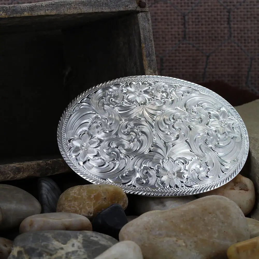 Engraved Western Belt Buckle for Men - Silver Oval Cowboy Buckle with Etched Trim - Perfect for Rodeo, Country Music Festivals & Western Fashion Outfits