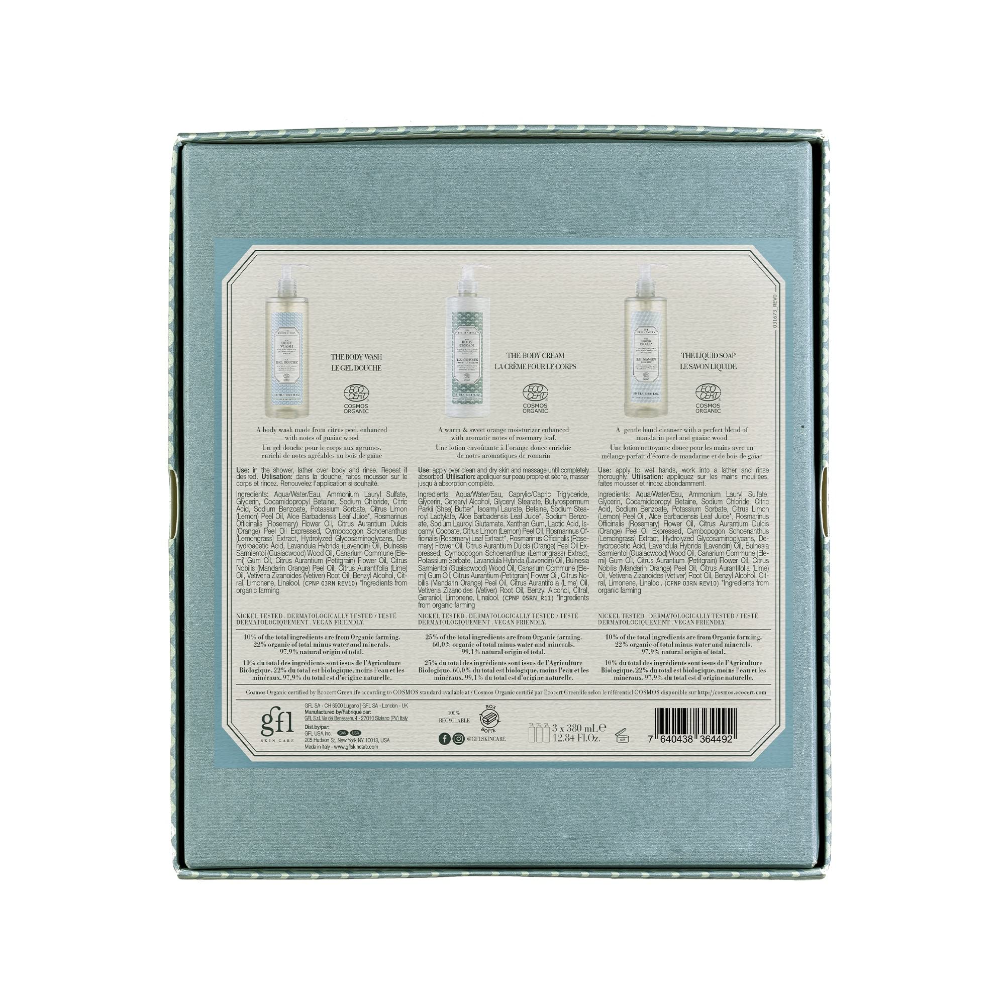 Organic Certified Body Necessities Gift Kit - Body Wash, Liquid Soap & Hand/Body Lotion Set - Made in Italy - Perfect for Spa Days, Self-Care & Thoughtful Gifting