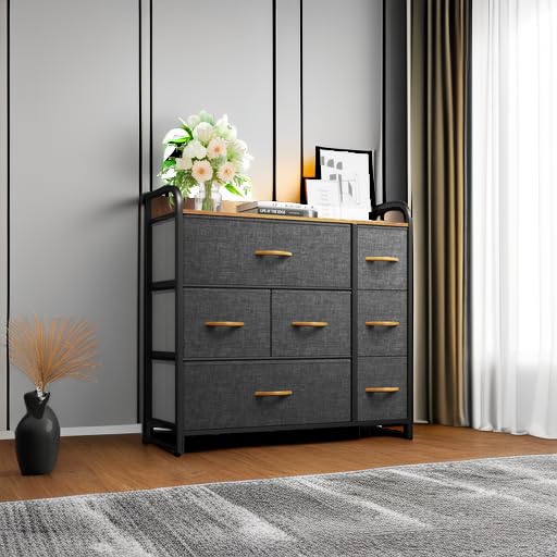 YITAHOME 7-Drawer Storage Dresser with Sturdy Steel Frame & Wooden Top - Fabric Bin Organizer for Bedroom, Living Room, Hallway & Closet - Easy Pull Drawers, Space Saving Furniture for Small Apartments & Dorm Rooms (Grey)