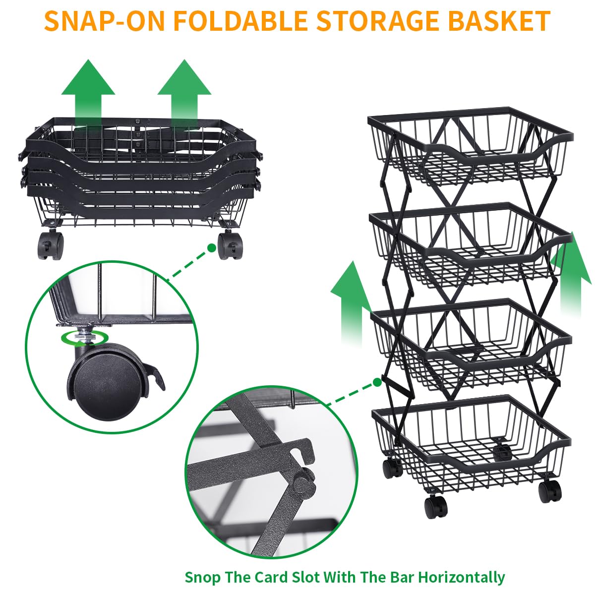 4-Tier Stackable Metal Wire Fruit & Vegetable Storage Basket with Wheels - Kitchen, Living Room, Dining Room, Office Organizer Cart (Black) | Perfect for Fresh Produce Display & Space-Saving Storage