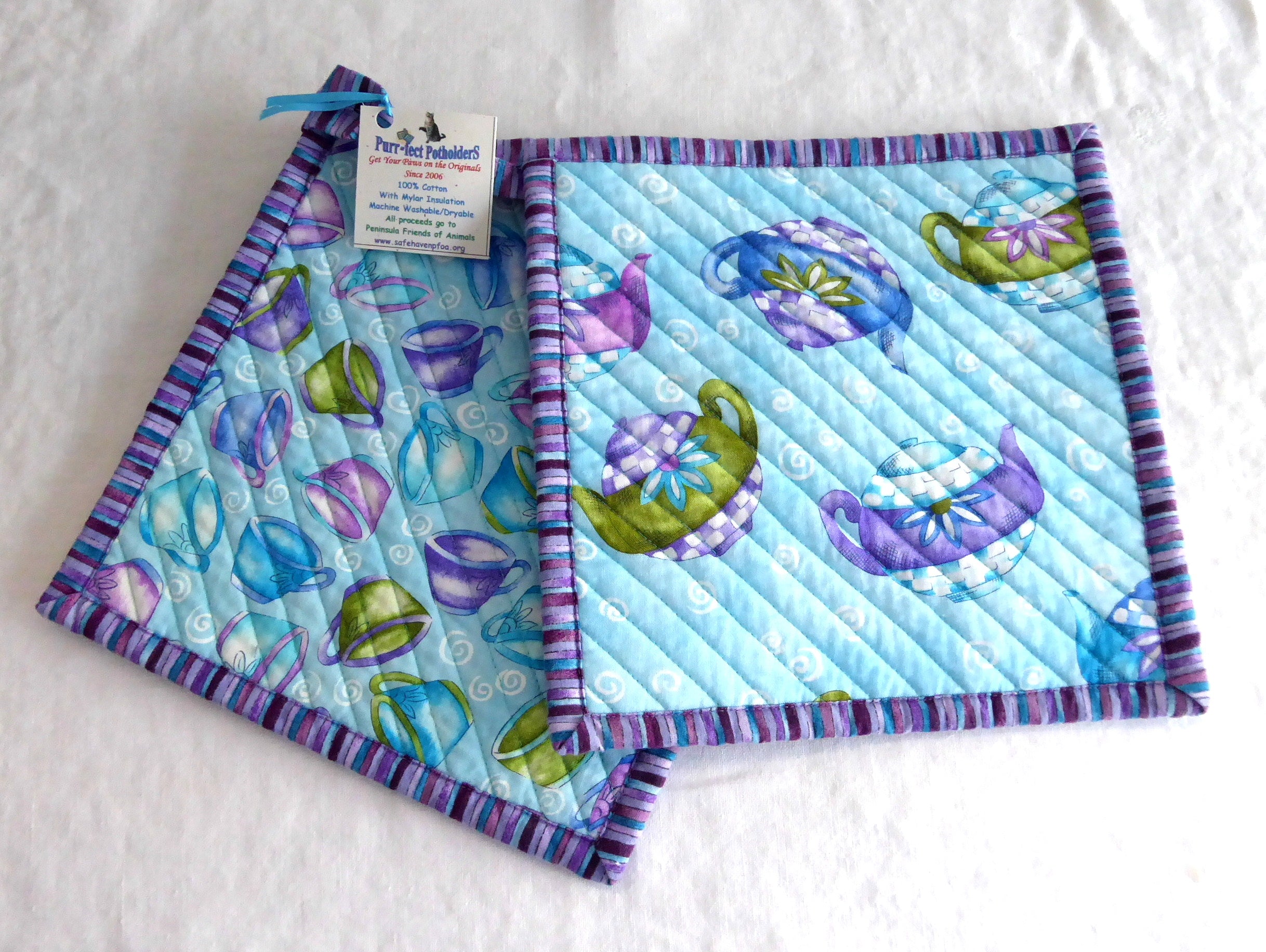 Handmade Purple Aqua Teapot and Teacup Set with Padded Potholders - Supports Animal Charity | Perfect for Afternoon Tea, Gift Giving, and Kitchen Decor