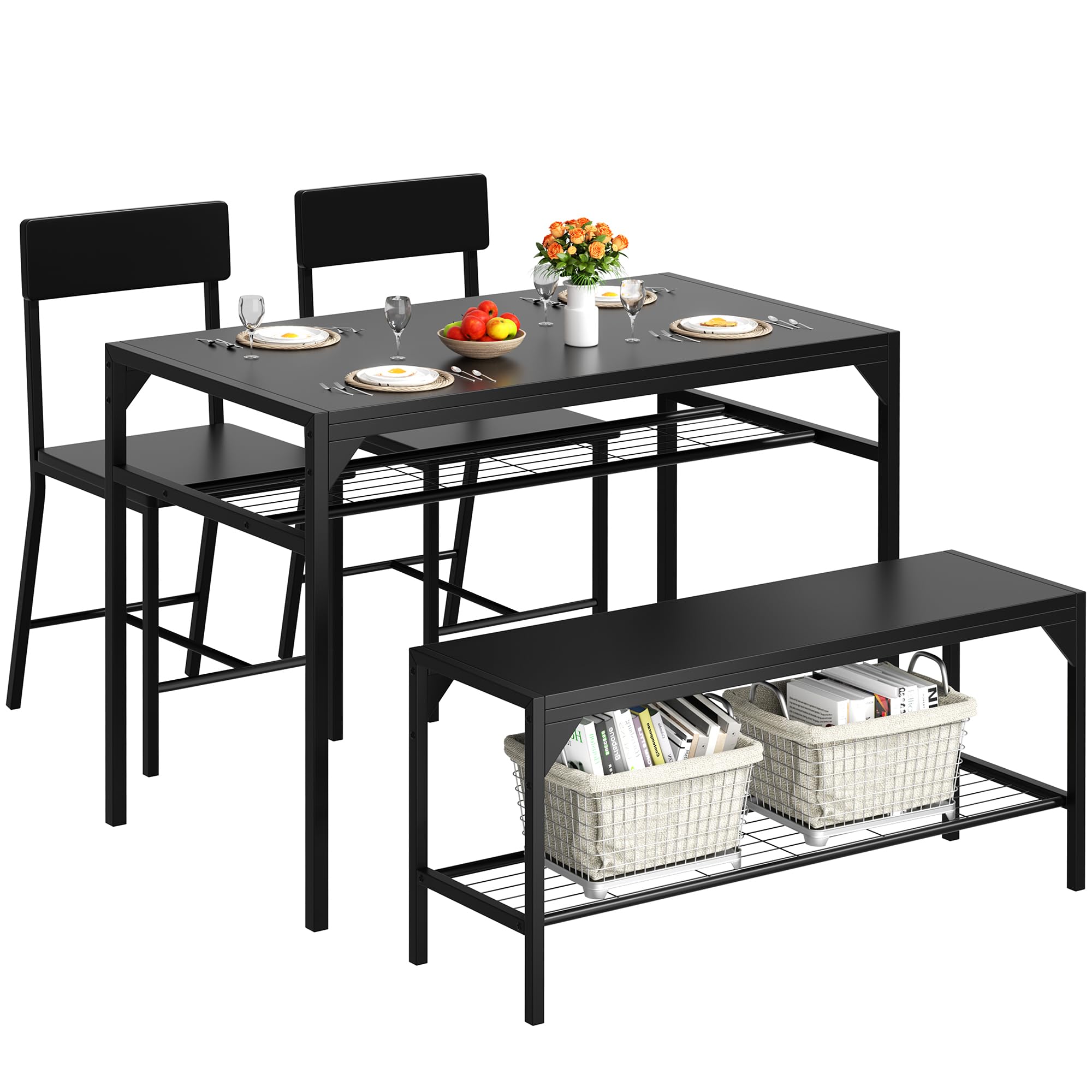Shintenchi 4-Piece Kitchen Dining Set with Table, Bench, Chairs & Storage Rack - Space-Saving Metal Frame Design for Small Apartments - Perfect for Breakfast Nooks, Compact Kitchens and Cozy Dining Areas (Black)
