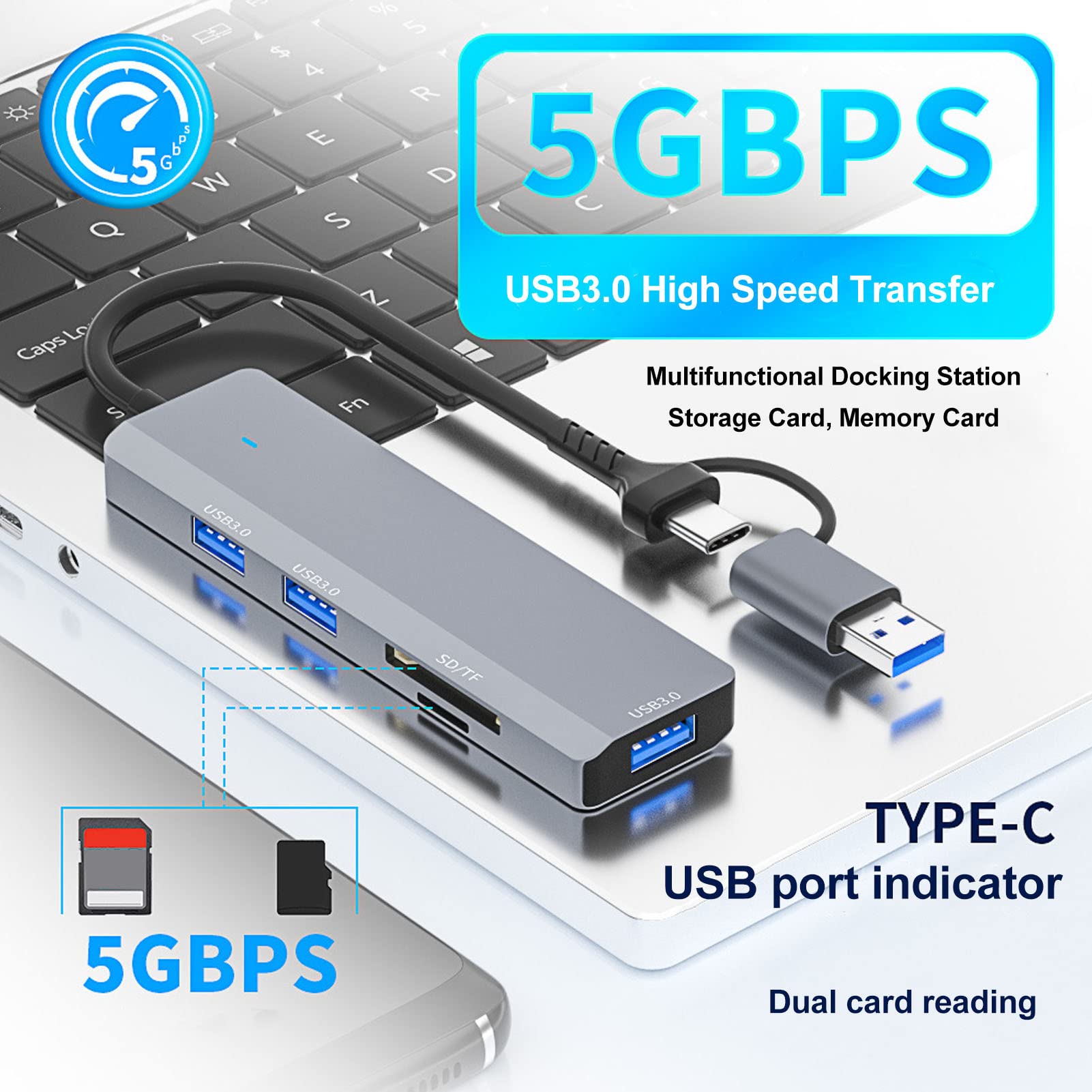 Premium USB 3.0 Hub with 4-Port Expansion, 5Gbps High-Speed Data Transfer, SD/TF Card Reader & Aluminum Alloy Housing - Ultra Slim Portable USB Adapter for Laptop, PC, Smartphone - Perfect for Home Office, Gaming & Travel Use