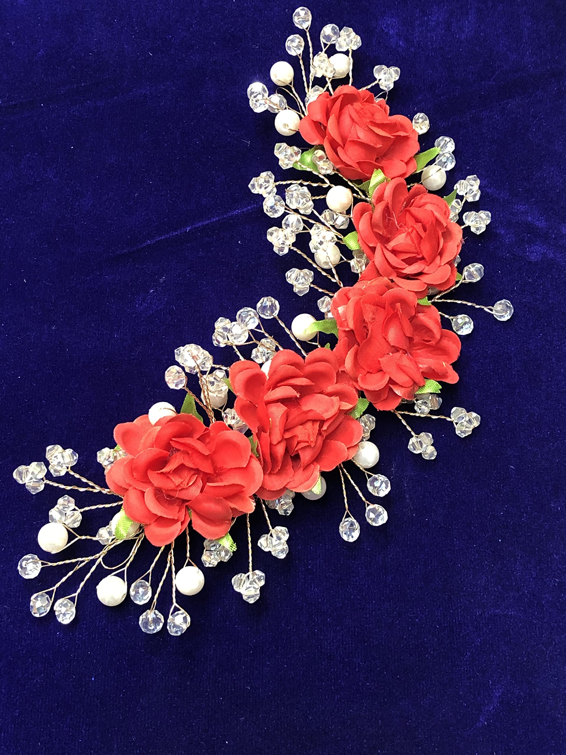Samyak Handmade Artificial Flower Hair Vine Bun Hair Accessories - Red Bridal Hair Jewelry for Weddings, Bridesmaids, Prom & Special Occasions