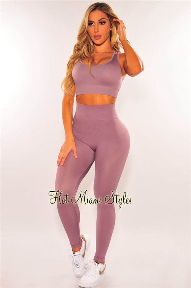 Purple Haze Seamless Padded Racerback High Waist Leggings & Sports Bra 2-Piece Set - Comfortable Workout Outfit for Yoga, Gym & Running