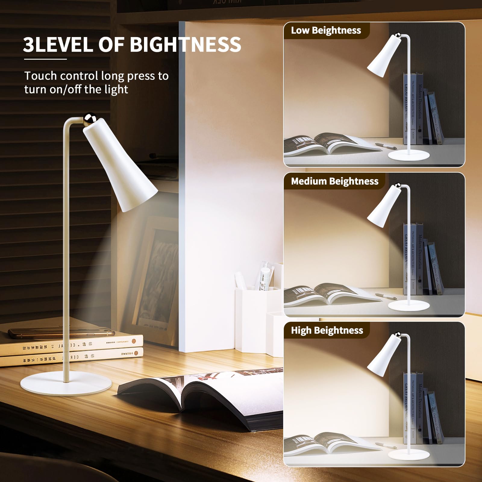 Wireless LED Desk Lamp for Home Office - 3 Color Modes, Touch Control, Magnetic Base | Eye-Caring Reading Light for Study, Work & Bedside Use