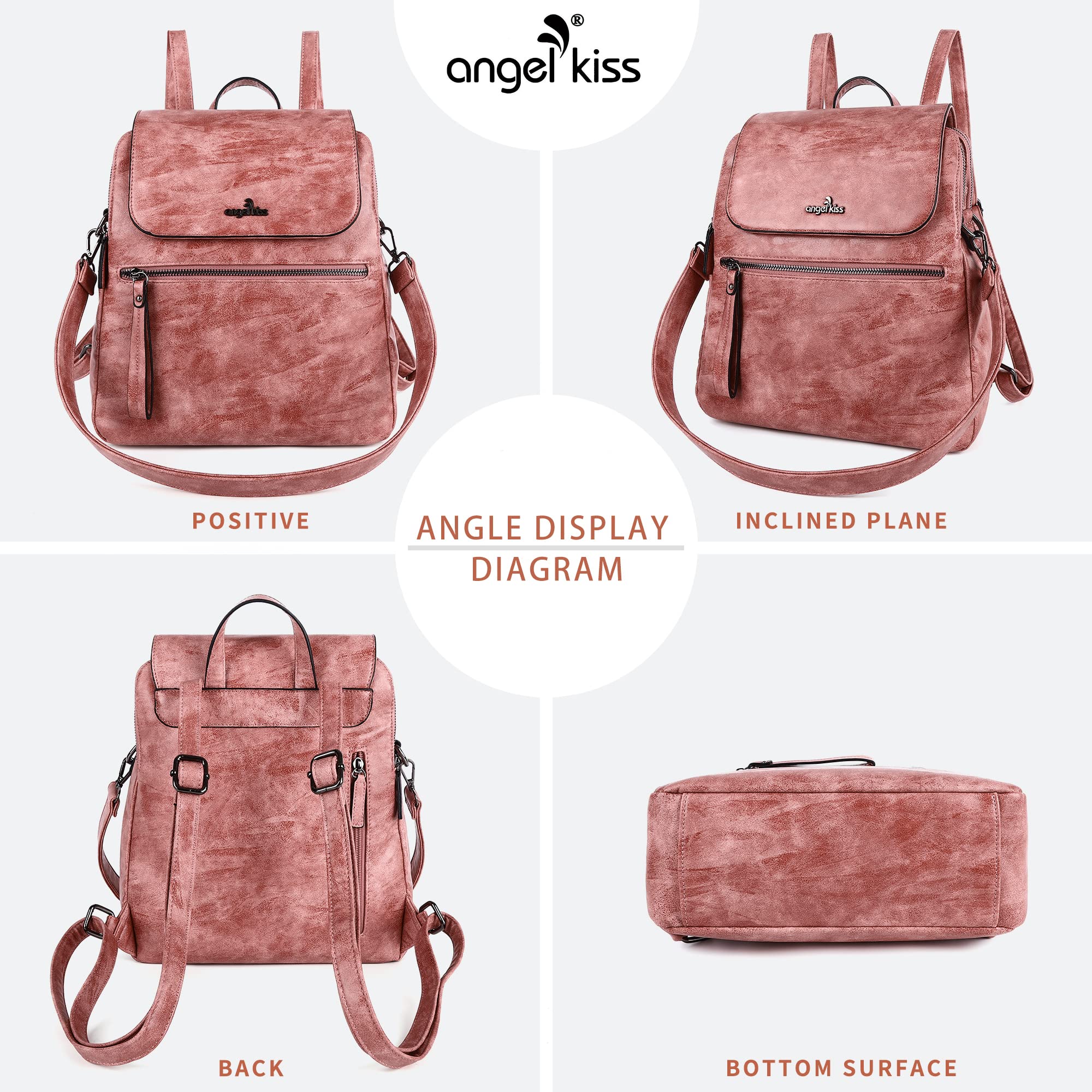 Angel Kiss Women's Vegan Leather Backpack Purse - Stylish Magnetic Flap Shoulder Bag with Zipper for Casual Outings, Travel & Daily Use