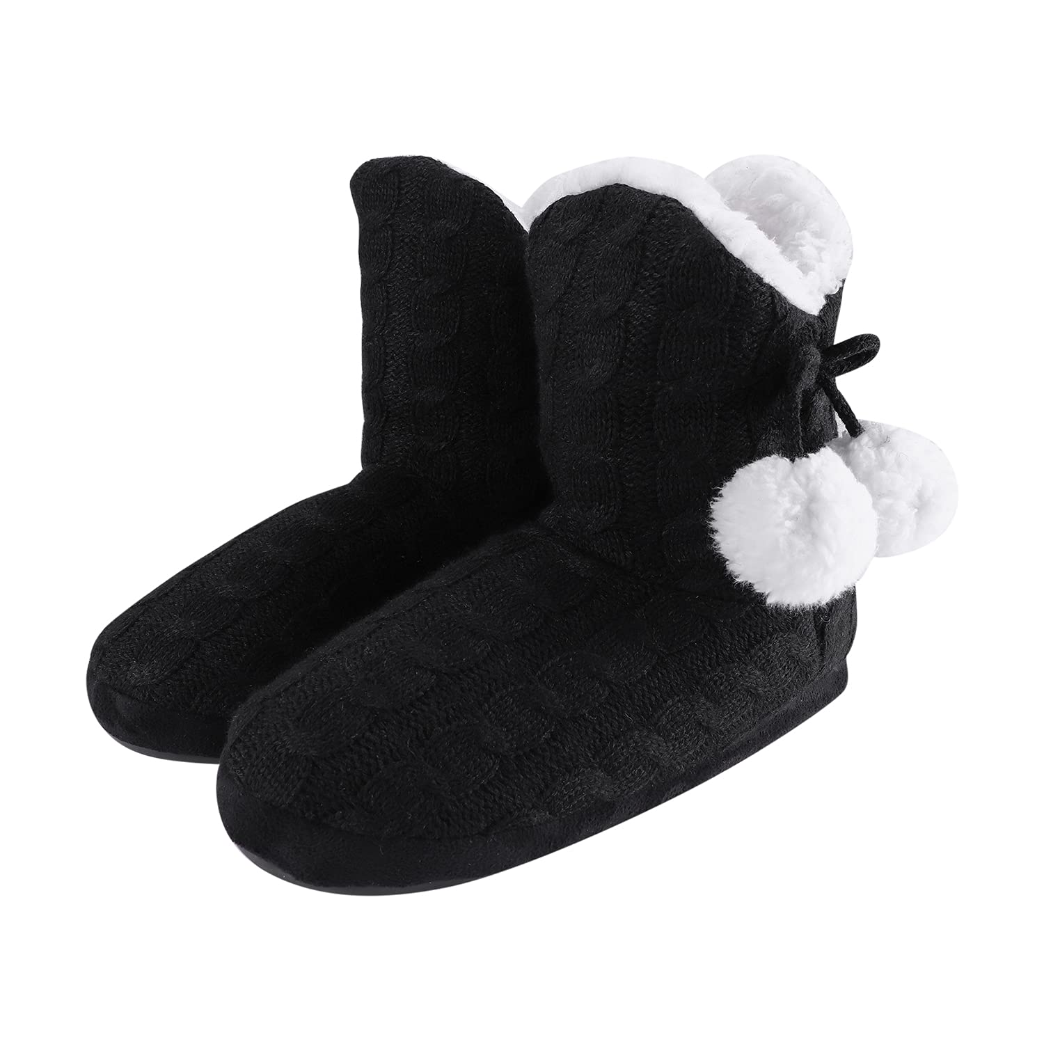 Women's Knitted Plush Bootie Slippers - Warm Winter Ankle Boot Slippers with Pom-Pom for Indoor Home Use | Cozy Gift for Ladies & Girls | Perfect for Lounging, Relaxing & Cold Weather Comfort