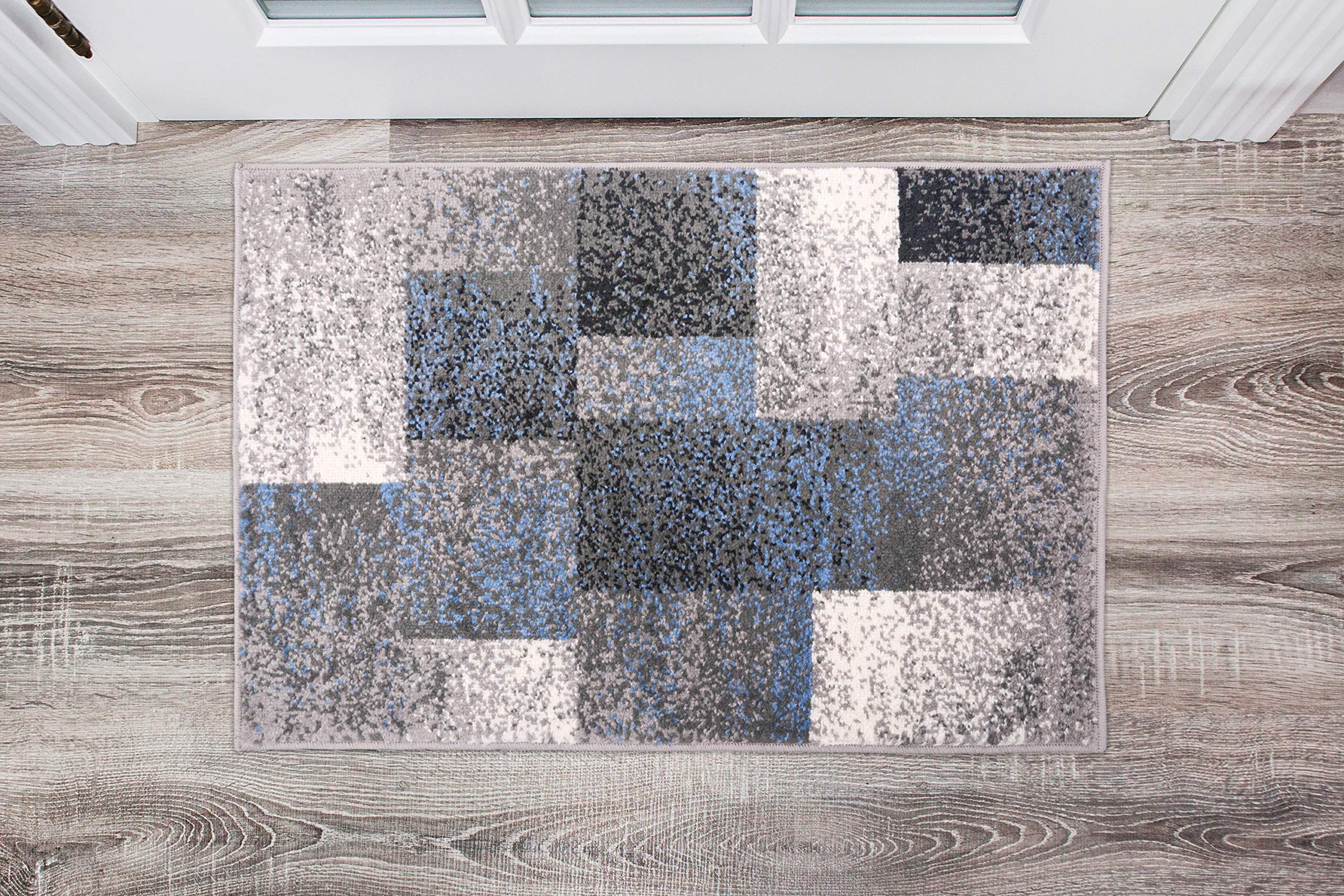 Distressed Boxes Blue Area Rug 2x3 Feet - Modern Farmhouse Decor for Living Room, Bedroom & Office - Soft Non-Slip Floor Mat
