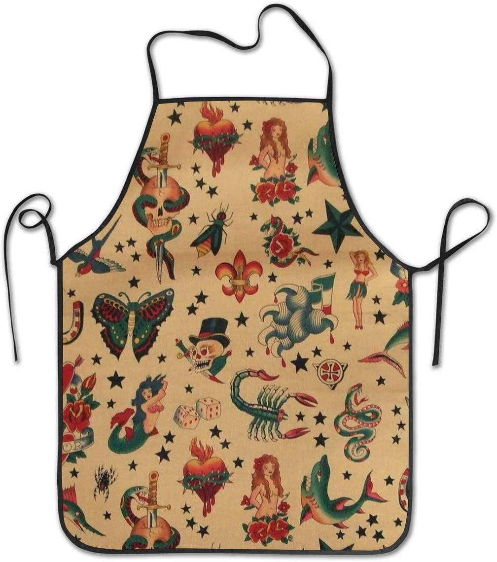 American Traditional Tattoo Print Apron for Cooking, Baking, Gardening & Crafts - 20.5x28.3 Inches - Perfect for BBQ, Pottery Making & DIY Projects