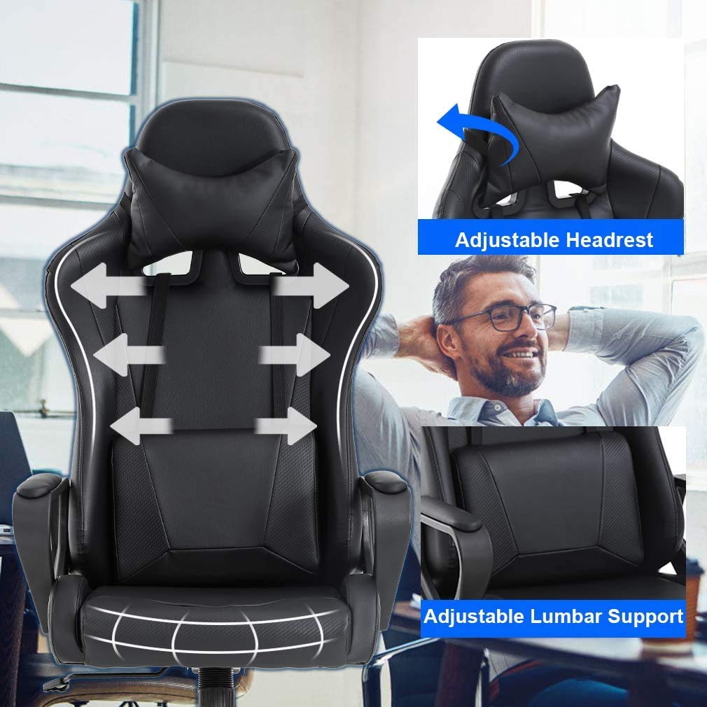 Ergonomic High Back Gaming Chair - Heavy Duty PU Leather Office Computer Chair with Lumbar Support & Headrest - Adjustable Swivel Task Chair for Men & Women - Perfect for Home Office, Gaming Setup & Workstation (Black)