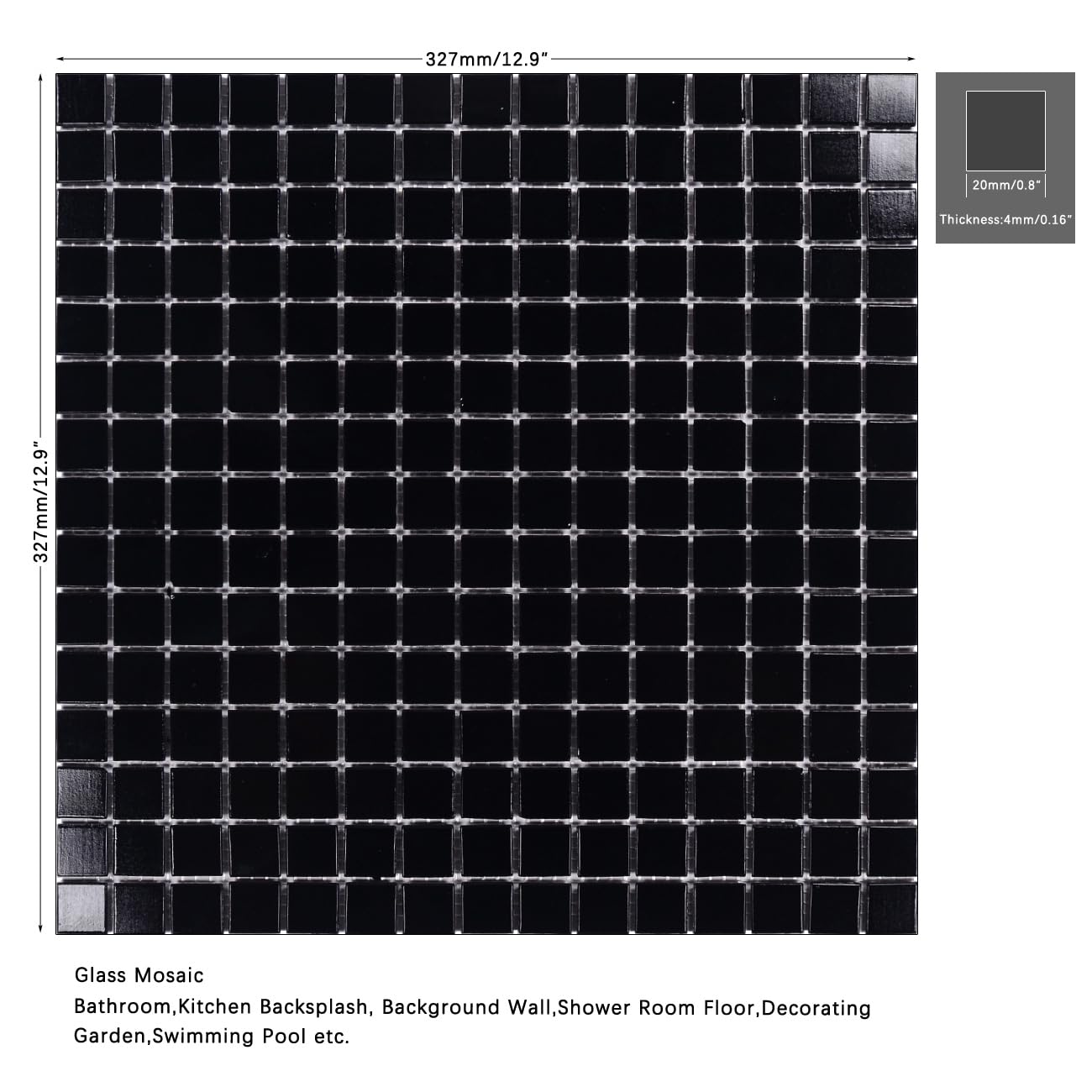 11.5sqft Black Glass Mosaic Tiles - Premium Bathroom Floor & Wall Tile, Kitchen Backsplash, Shower, Steam Room, Fireplace Accent - Ideal for Homes, Restaurants, Hotels, Pools (10pcs, Black) - Waterproof & Durable for High-Moisture Areas
