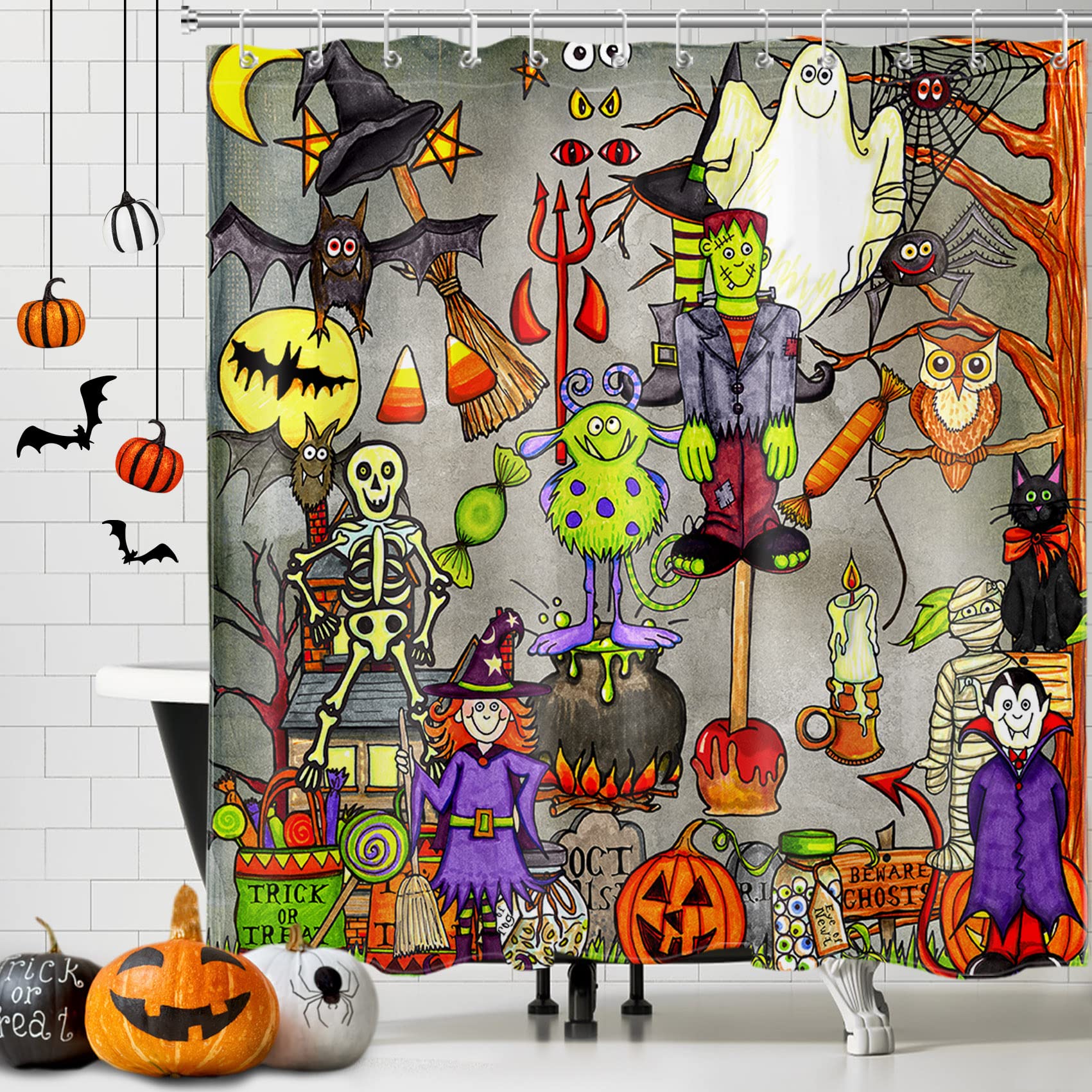 LB Witch Haunted House Vampire Halloween Shower Curtain Set - Black Gothic Spider Web Bathroom Decor for Kids & Adults, 72x78 Inch Extra Long Waterproof Shower Curtain with Hooks - Perfect for Halloween Party, Spooky Bathroom, Haunted House Theme Decor