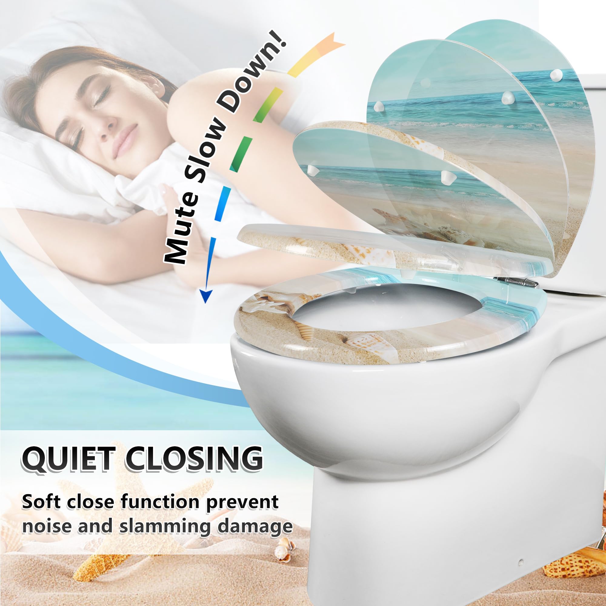 Angol Shield Round Toilet Seat - Molded Wood Toilet Seat with Soft Close Hinges & Quick Release, Easy Installation & Cleaning (Round, Beach) - Perfect for Bathrooms, RVs, and Vacation Homes